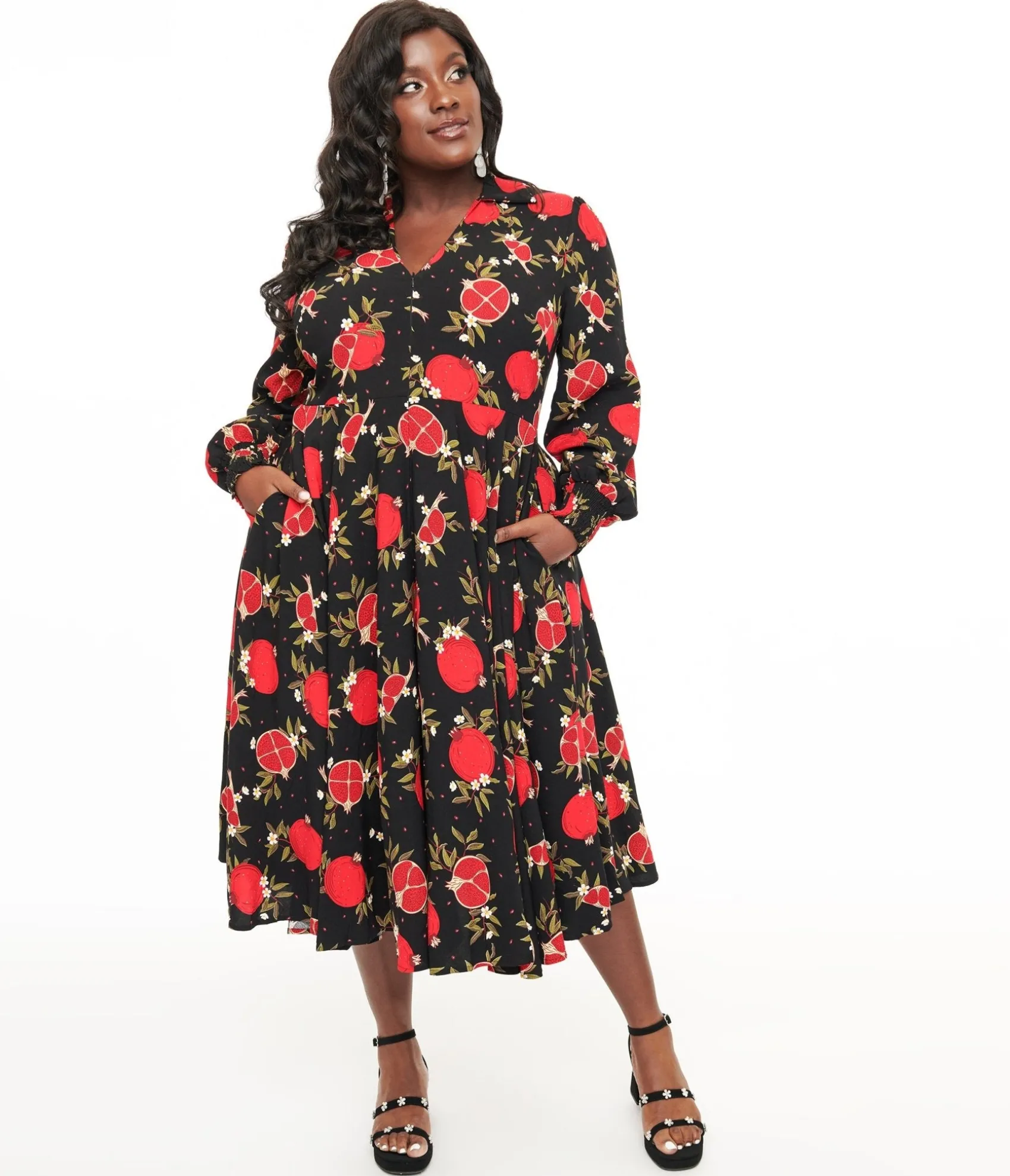 Unique Vintage Banned Plus Size 1940s Black & Red Pomegranate Midi Dress Online