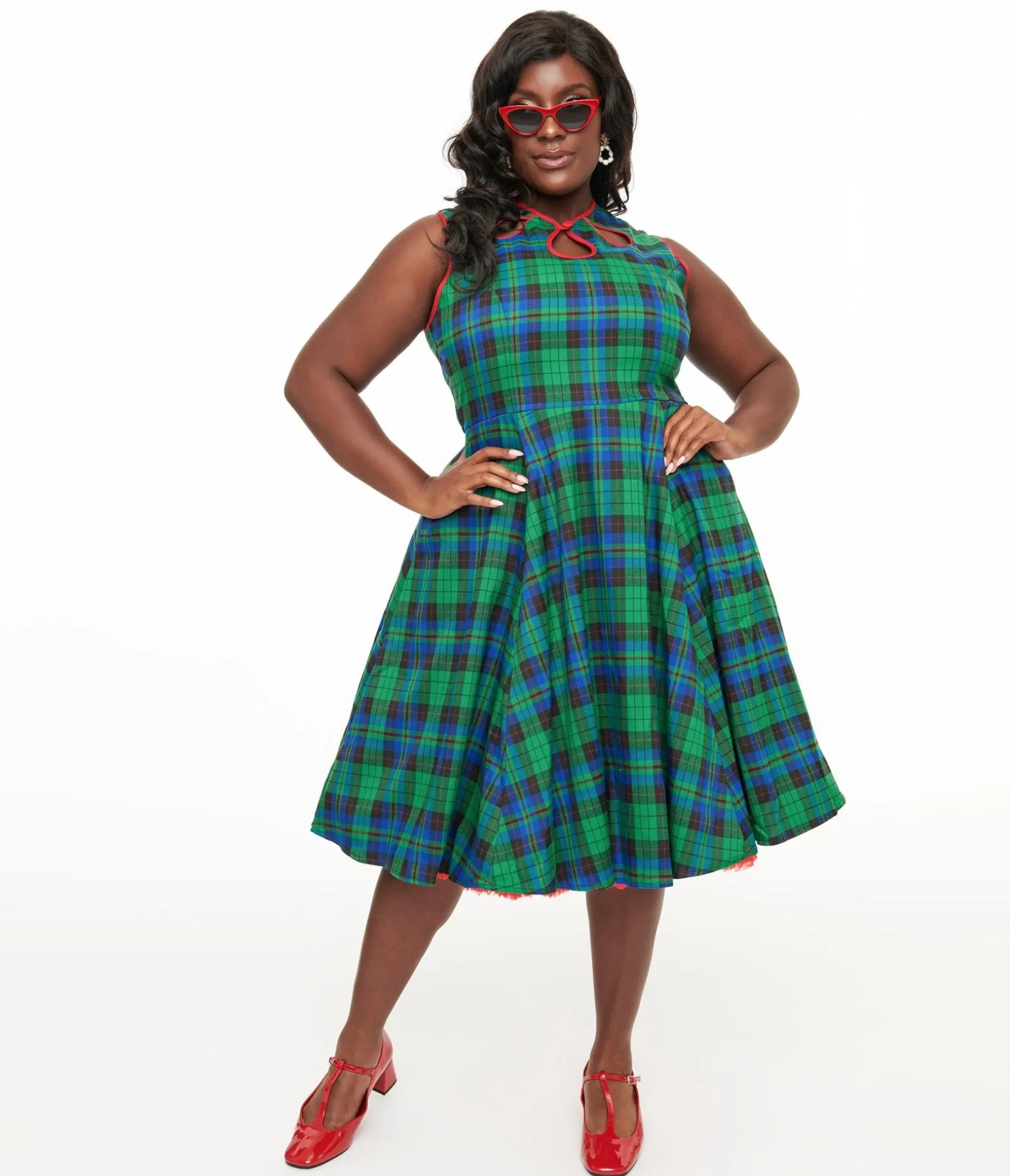 Unique Vintage Banned Plus Size 1950s Green & Blue Winter Check Swing Dress Shop