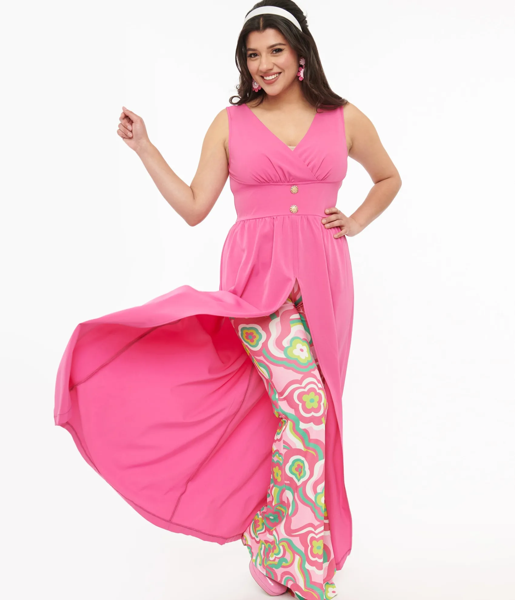 Unique Vintage Barbie x Smak Parlour 1970s Pink & Green Floral Evening In Flare Pants Best Sale