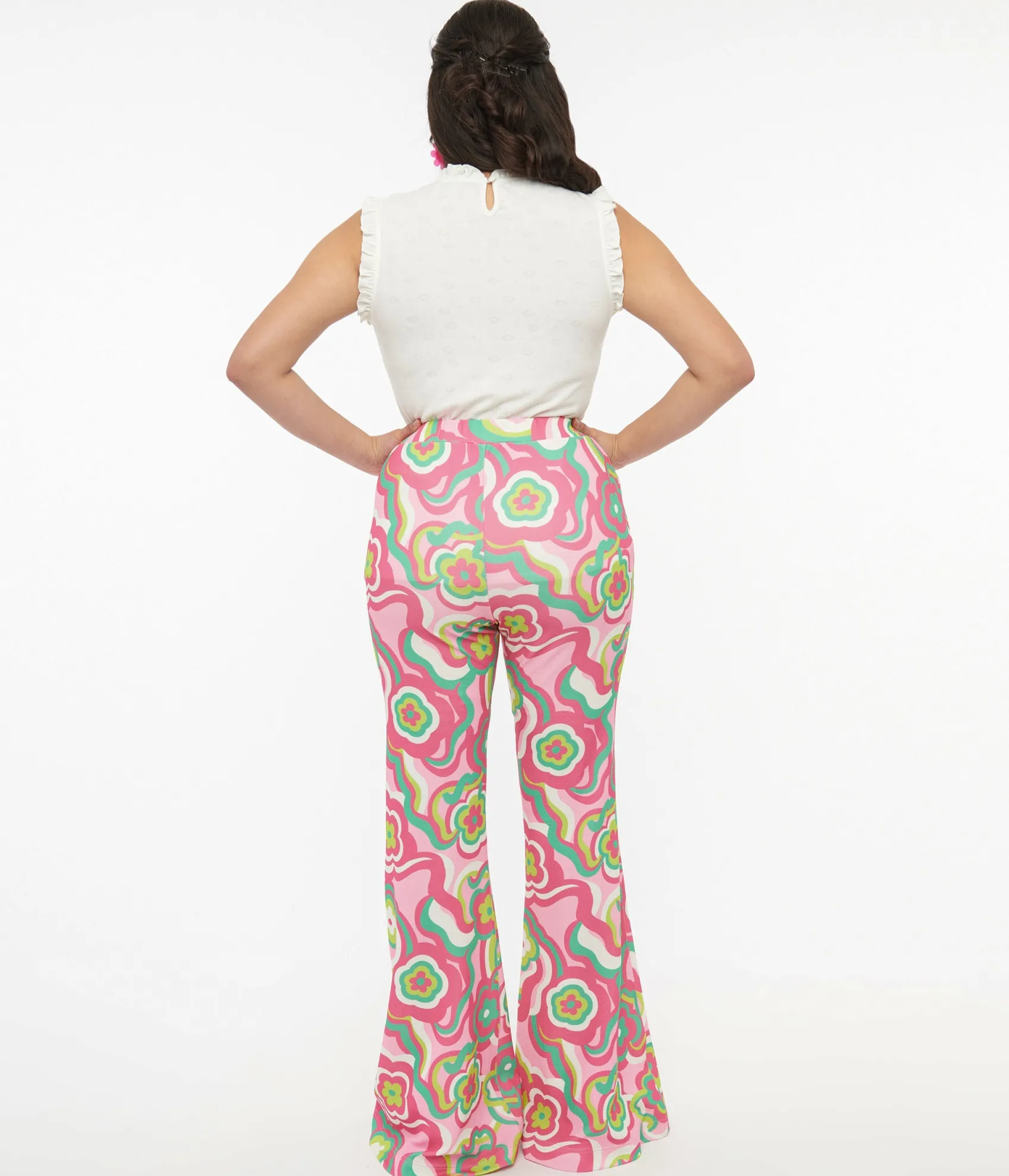 Unique Vintage Barbie x Smak Parlour 1970s Pink & Green Floral Evening In Flare Pants Best Sale