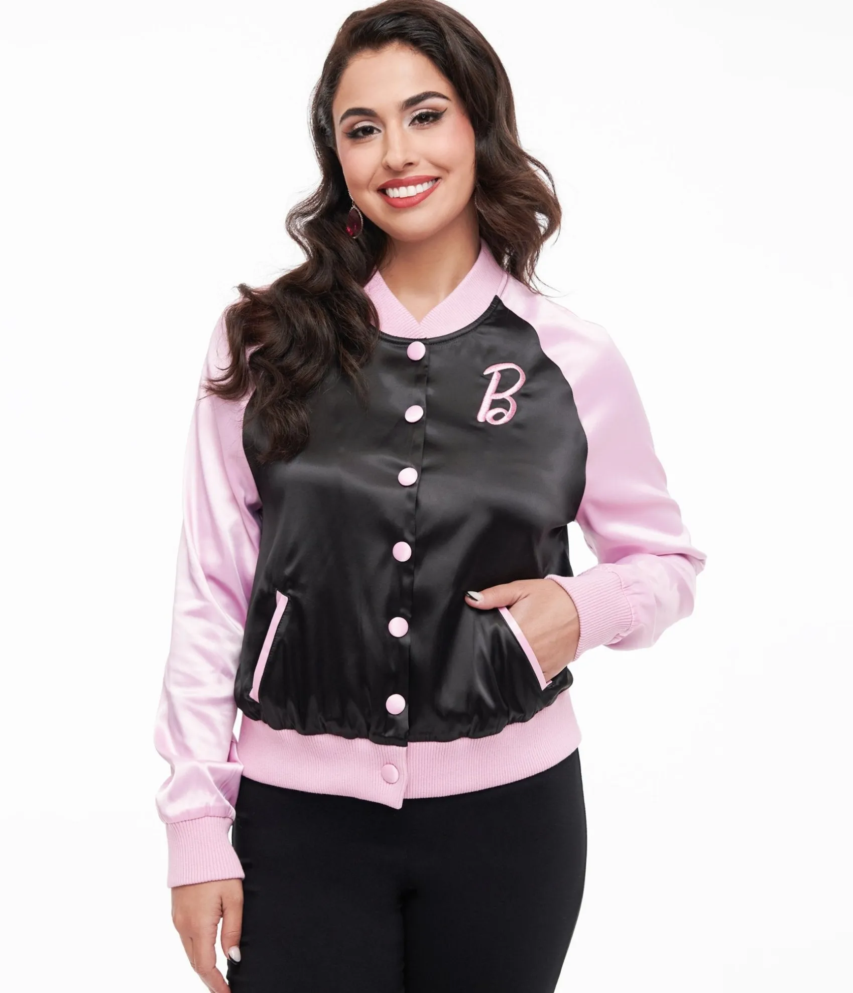 Unique Vintage Barbie x Pink & Black OG Barbie Long Sleeve Bomber Jacket Cheap
