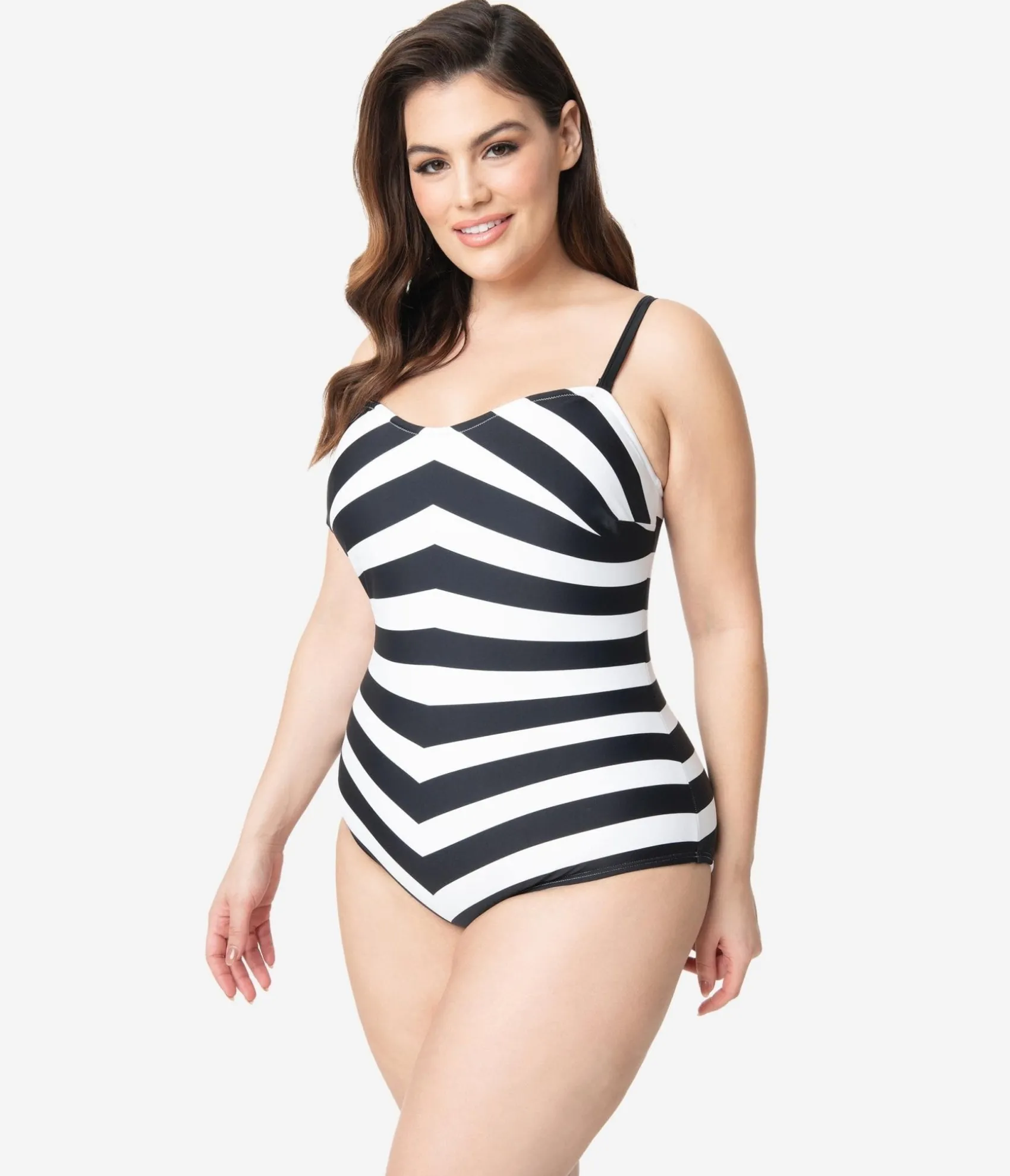 Unique Vintage Barbieª x Plus Size Black & White Chevron Stripe One Piece Bathing Suit Best