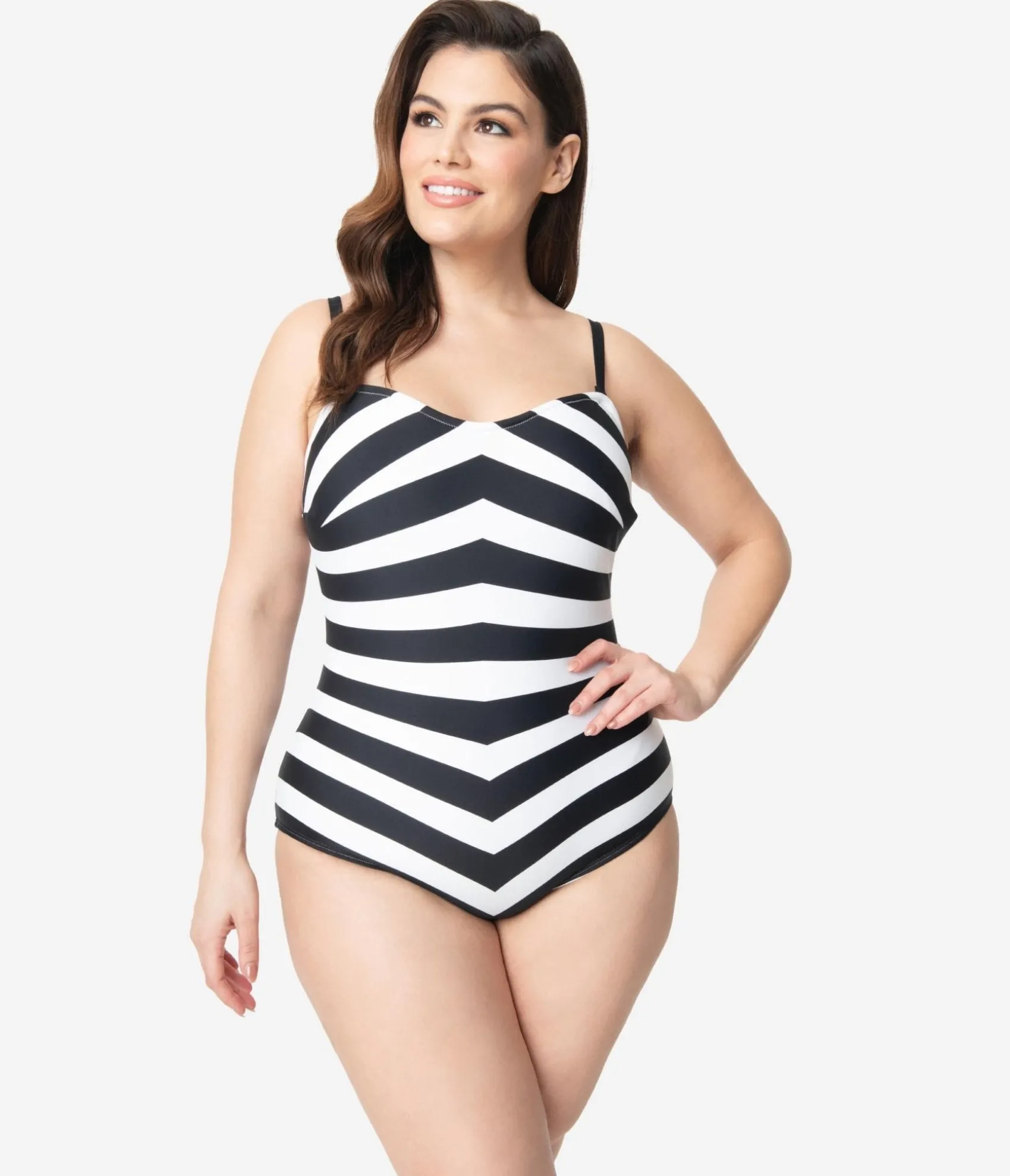 Unique Vintage Barbieª x Plus Size Black & White Chevron Stripe One Piece Bathing Suit Best
