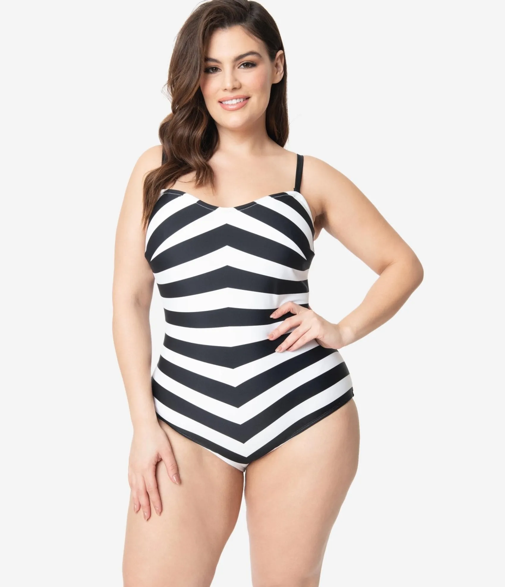 Unique Vintage Barbieª x Plus Size Black & White Chevron Stripe One Piece Bathing Suit Best
