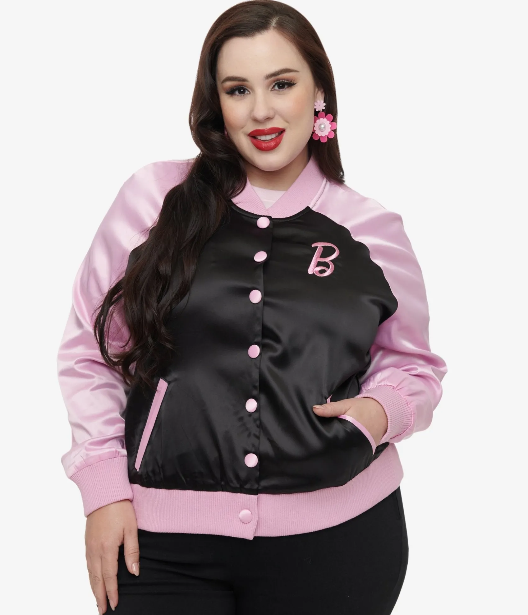 Unique Vintage Barbie x Plus Size Pink & Black OG Barbie Long Sleeve Bomber Jacket Best