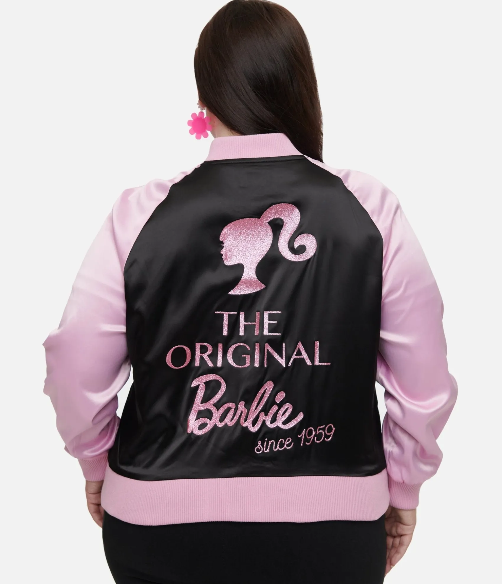 Unique Vintage Barbie x Plus Size Pink & Black OG Barbie Long Sleeve Bomber Jacket Best