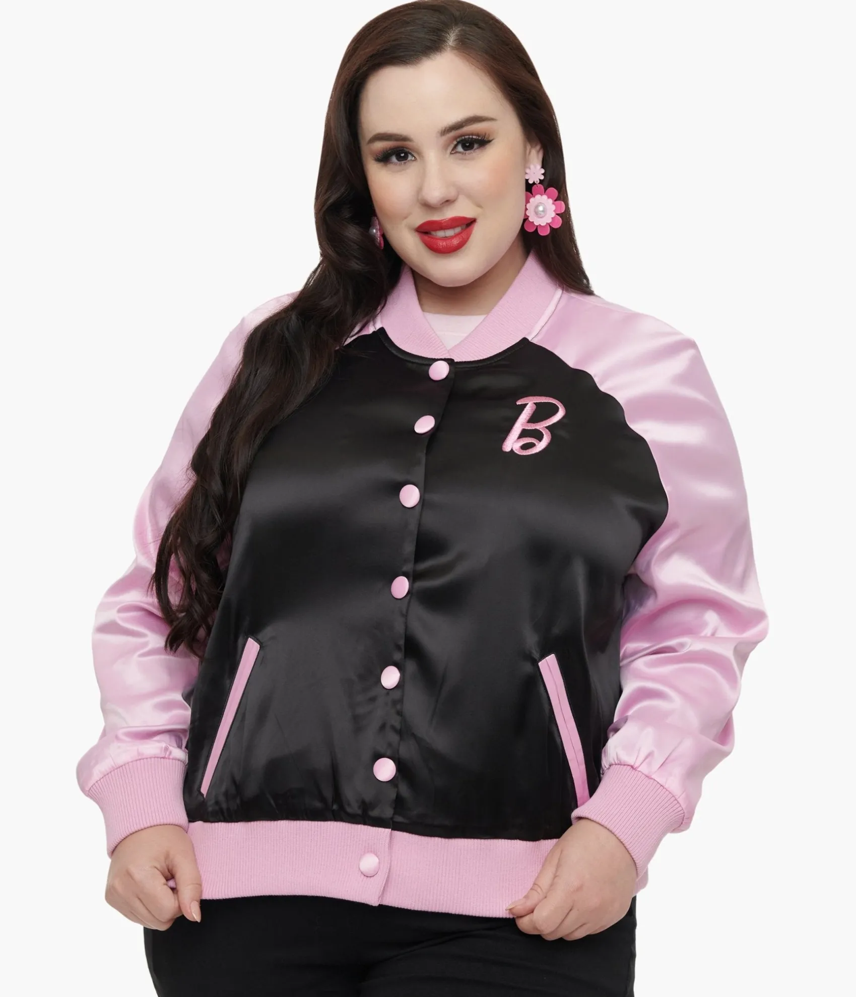 Unique Vintage Barbie x Plus Size Pink & Black OG Barbie Long Sleeve Bomber Jacket Best