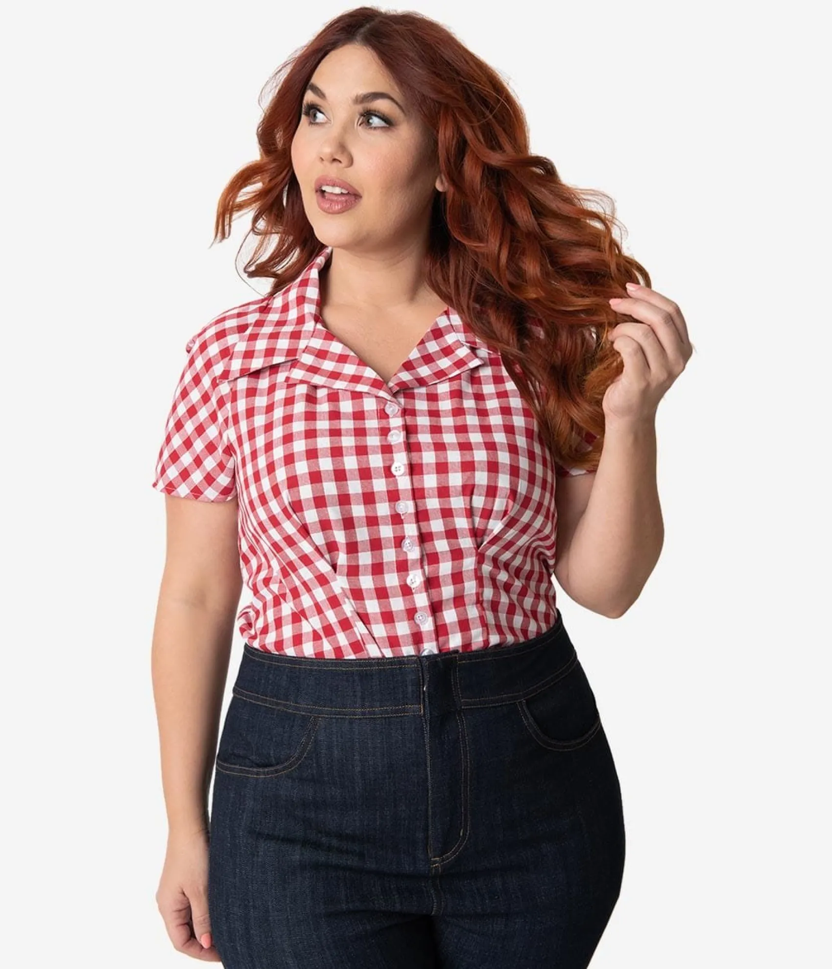 Unique Vintage Barbie x Plus Size Red & White Gingham Woven Picnic Blouse Discount