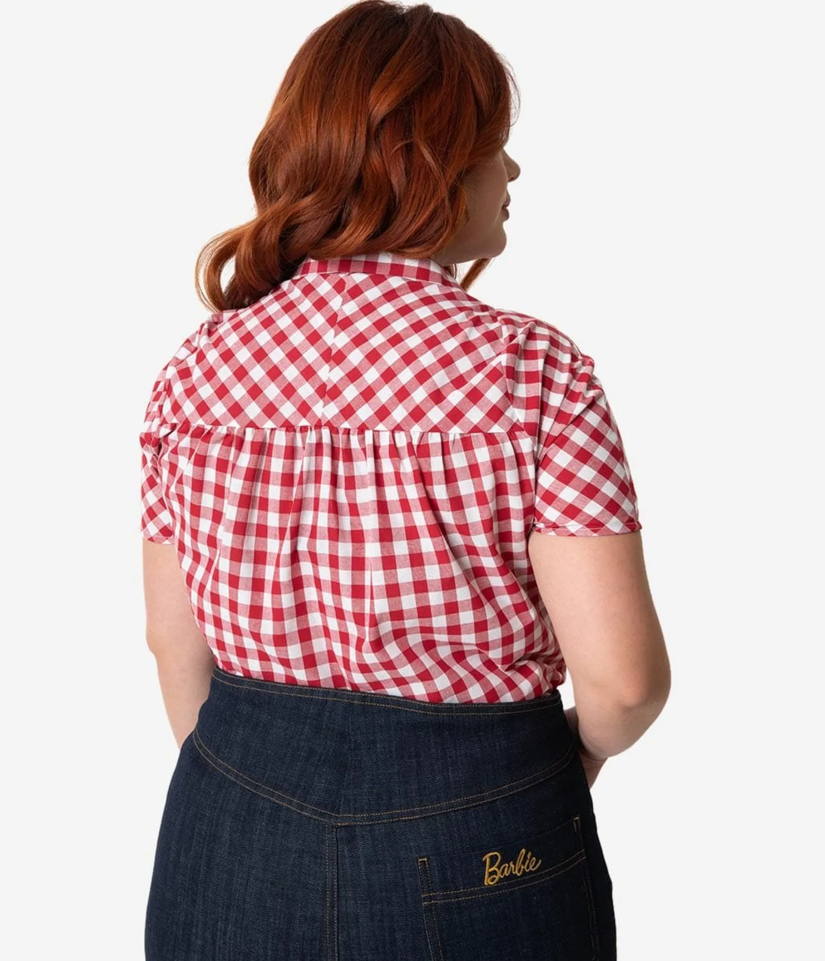 Unique Vintage Barbie x Plus Size Red & White Gingham Woven Picnic Blouse Discount