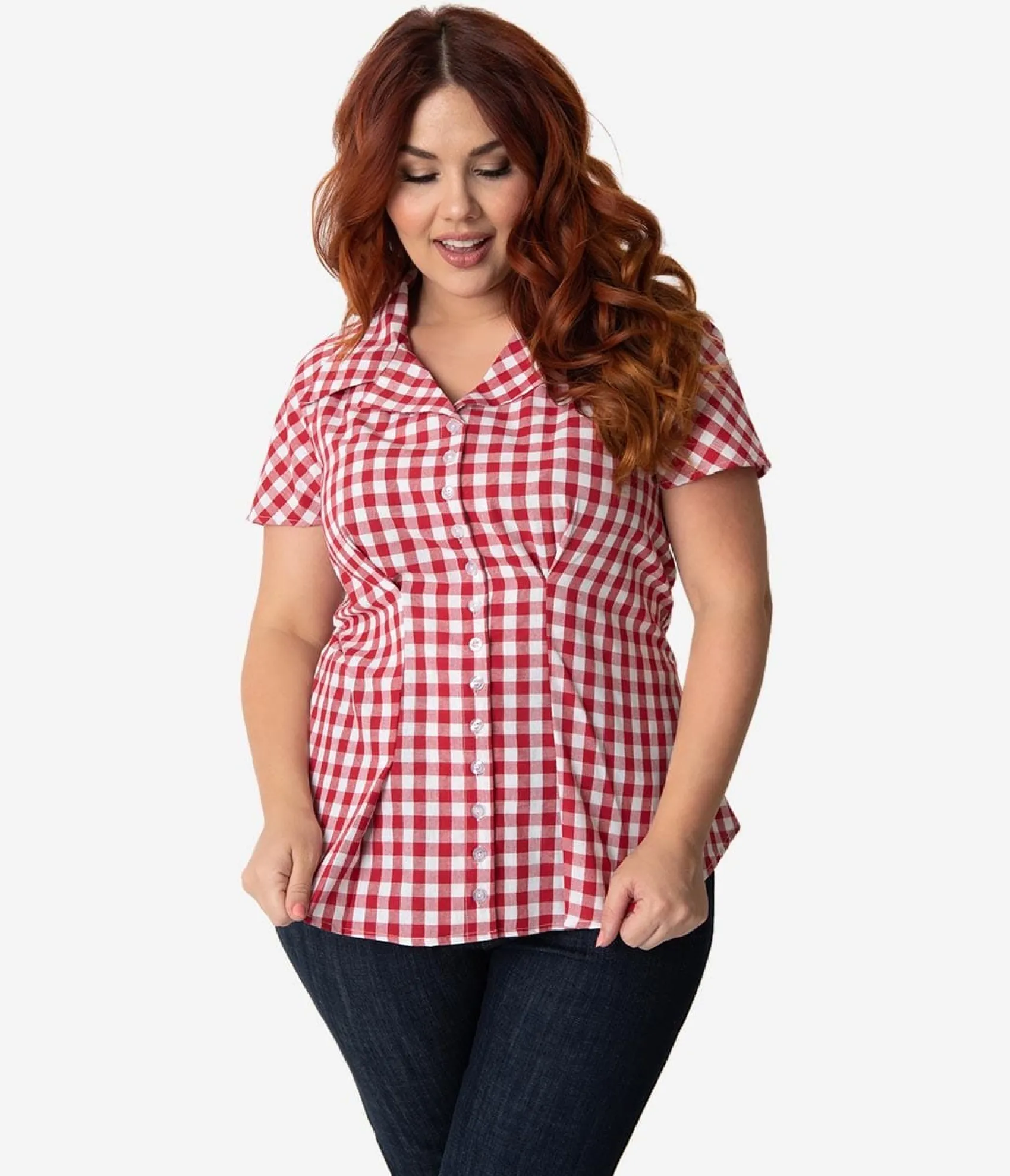 Unique Vintage Barbie x Plus Size Red & White Gingham Woven Picnic Blouse Discount