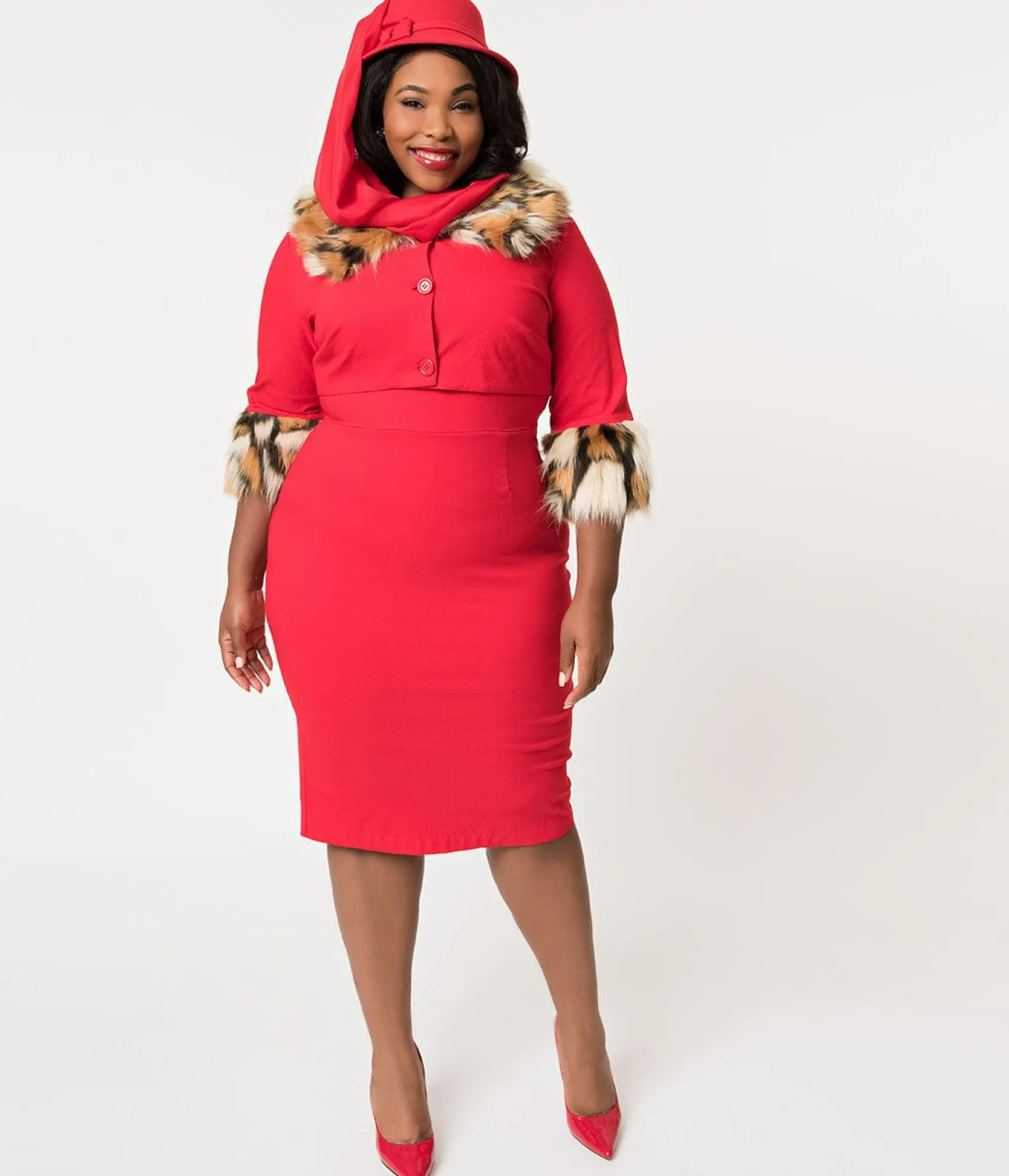 Unique Vintage Barbie x Plus Size Red Matinee Fashion Sheath Dress & Jacket Best Sale