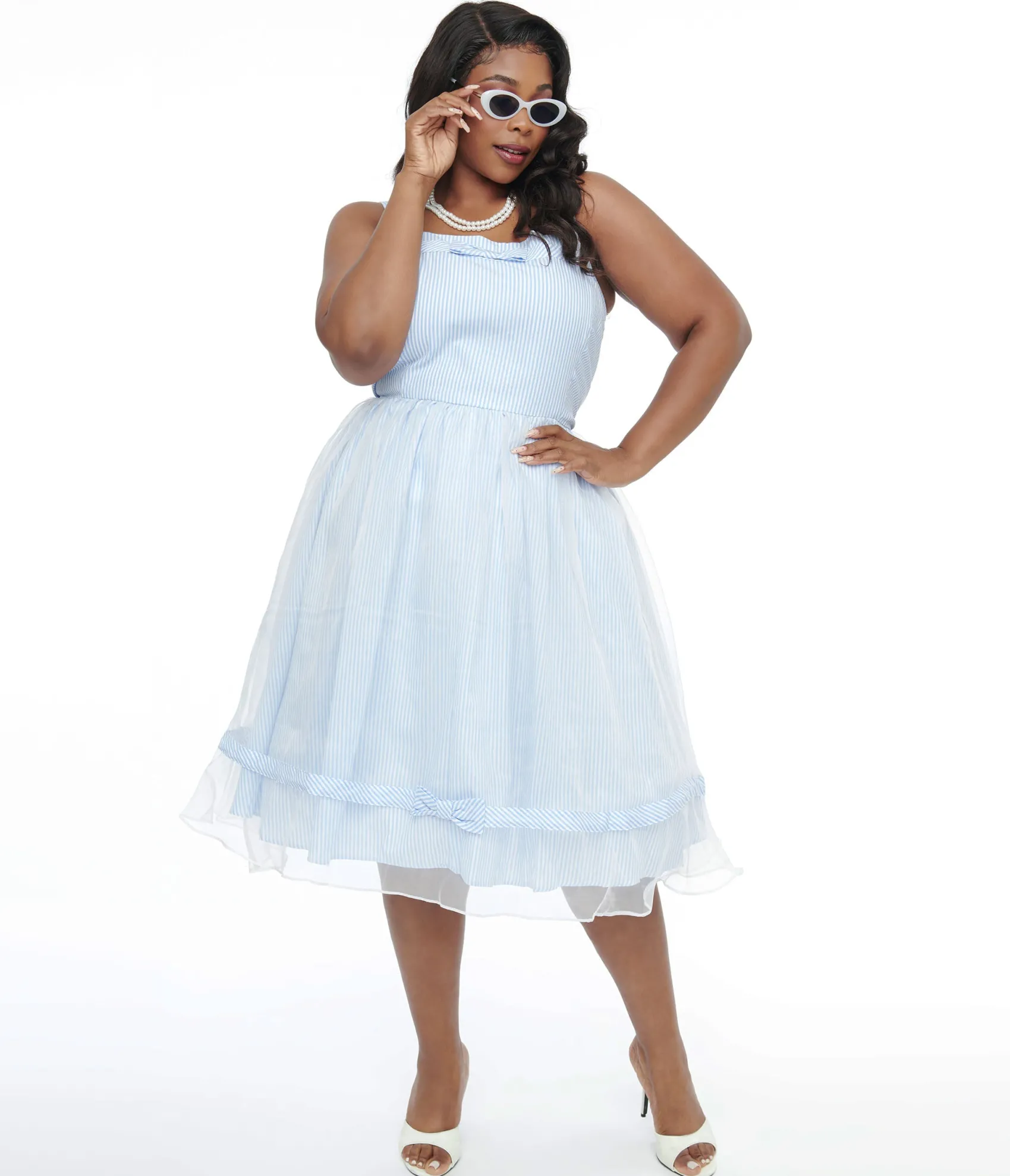 Unique Vintage Barbie x Plus Size 1960s Blue & White Stripe Movie Date Swing Dress Store