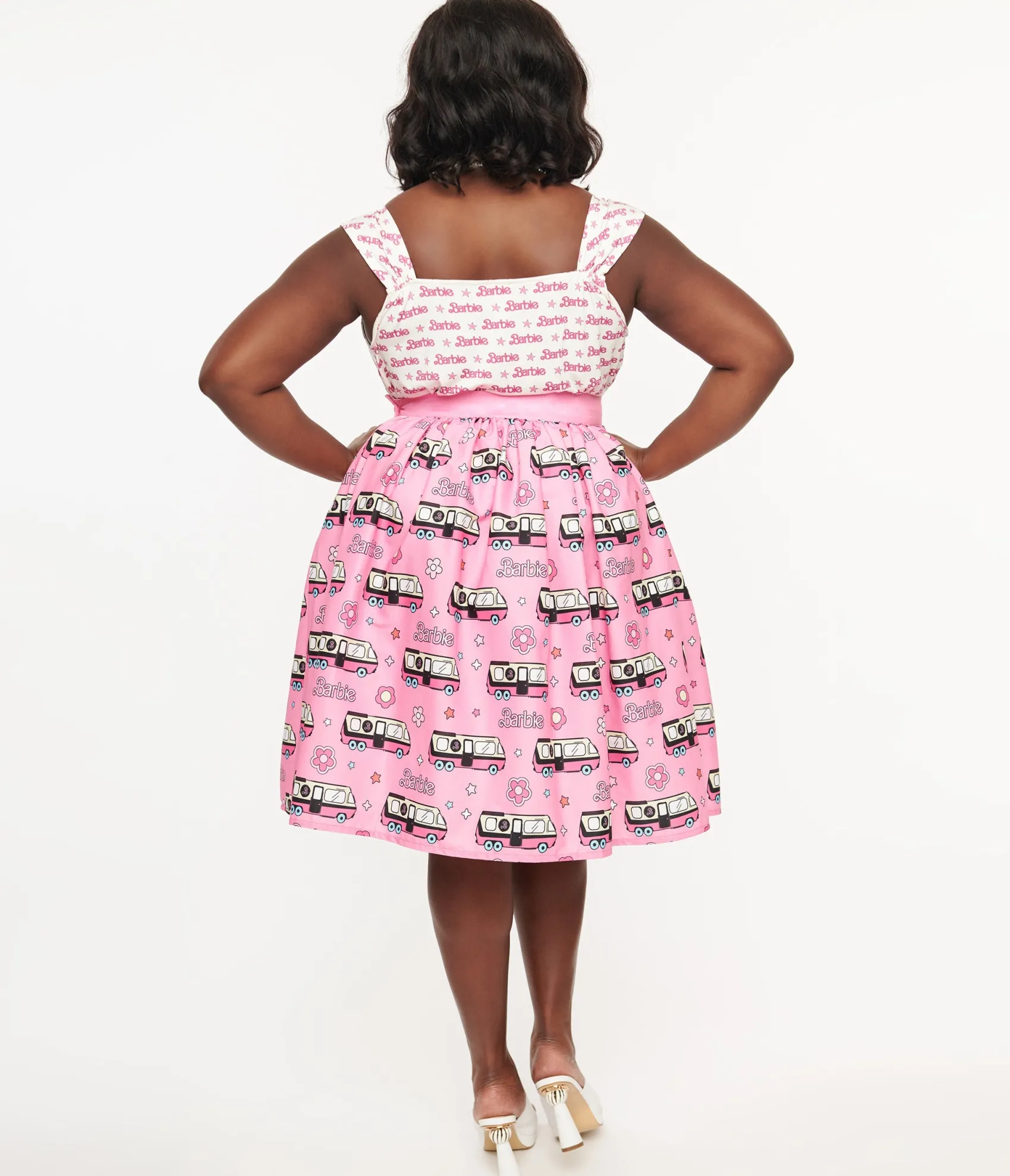 Unique Vintage Barbie x Plus Size 1970s Pink Barbie Bus Gellar Swing Skirt Discount