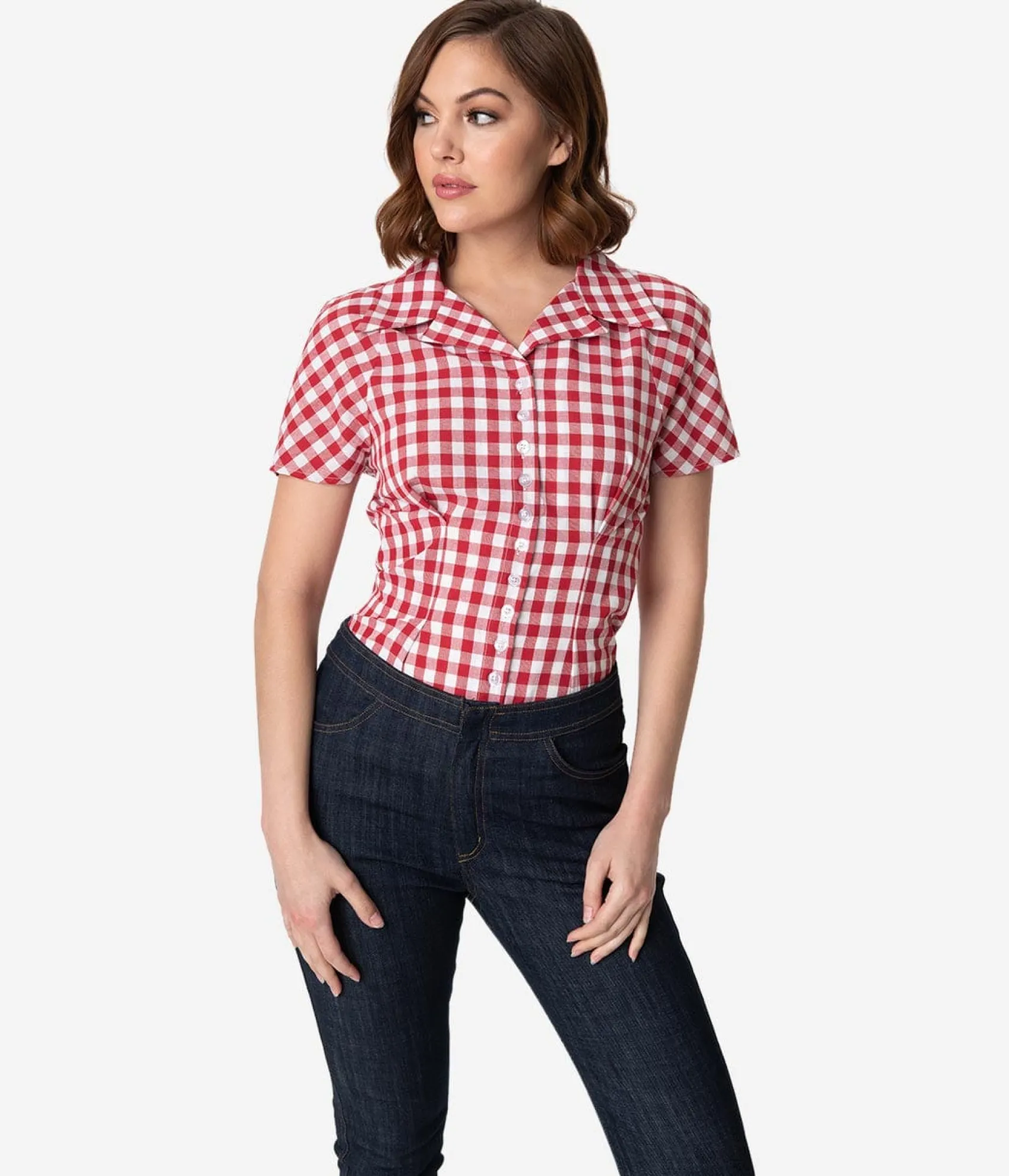 Unique Vintage Barbie x Red & White Gingham Woven Picnic Blouse Best Sale