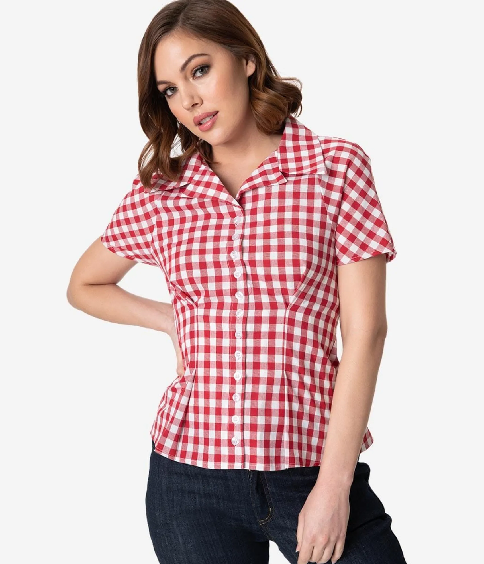 Unique Vintage Barbie x Red & White Gingham Woven Picnic Blouse Best Sale