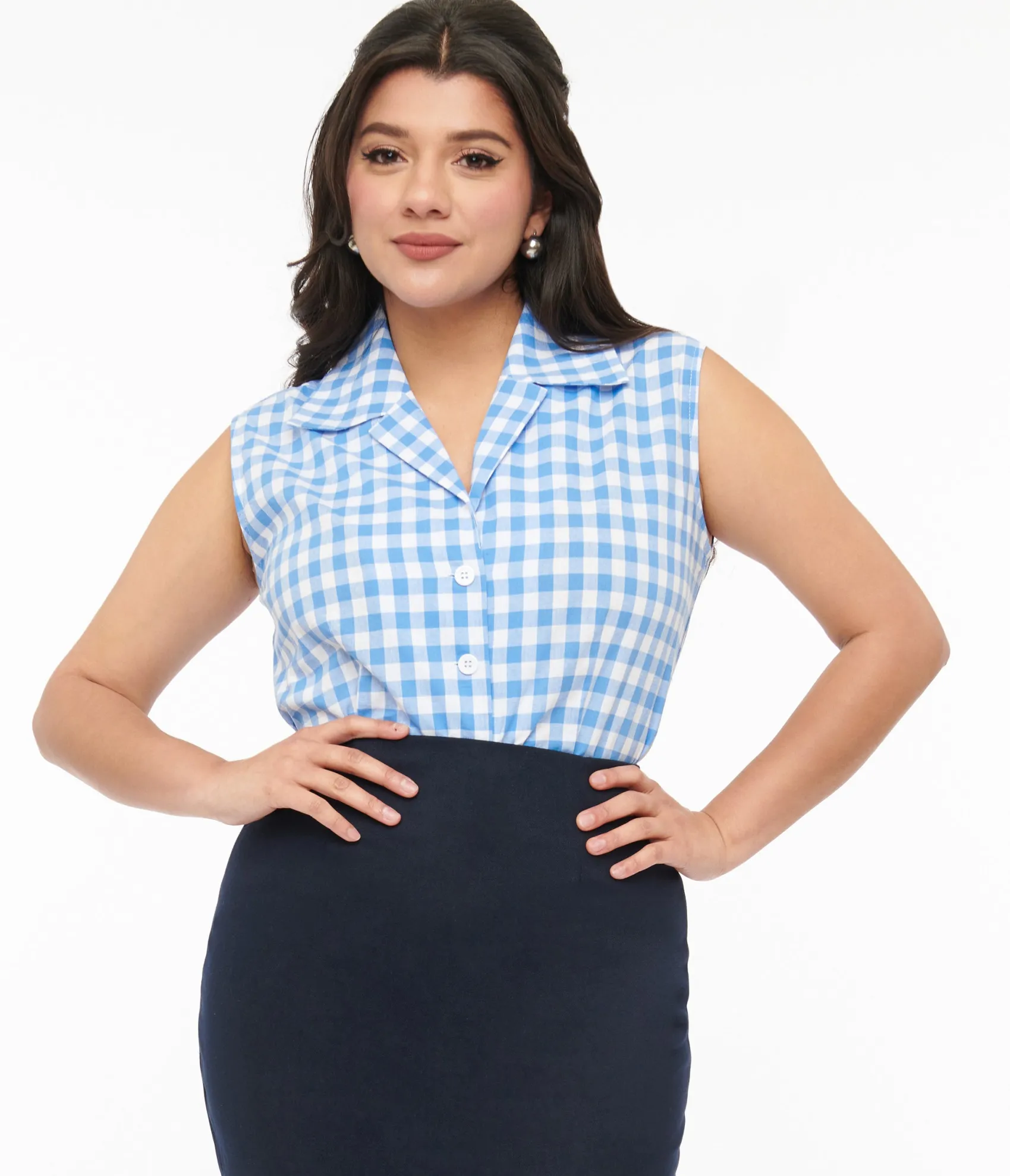 Unique Vintage Barbie x 1950s Blue & White Gingham Commuter Set Collar Blouse New