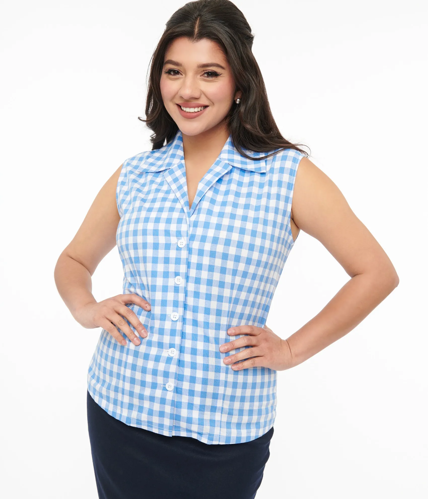 Unique Vintage Barbie x 1950s Blue & White Gingham Commuter Set Collar Blouse New