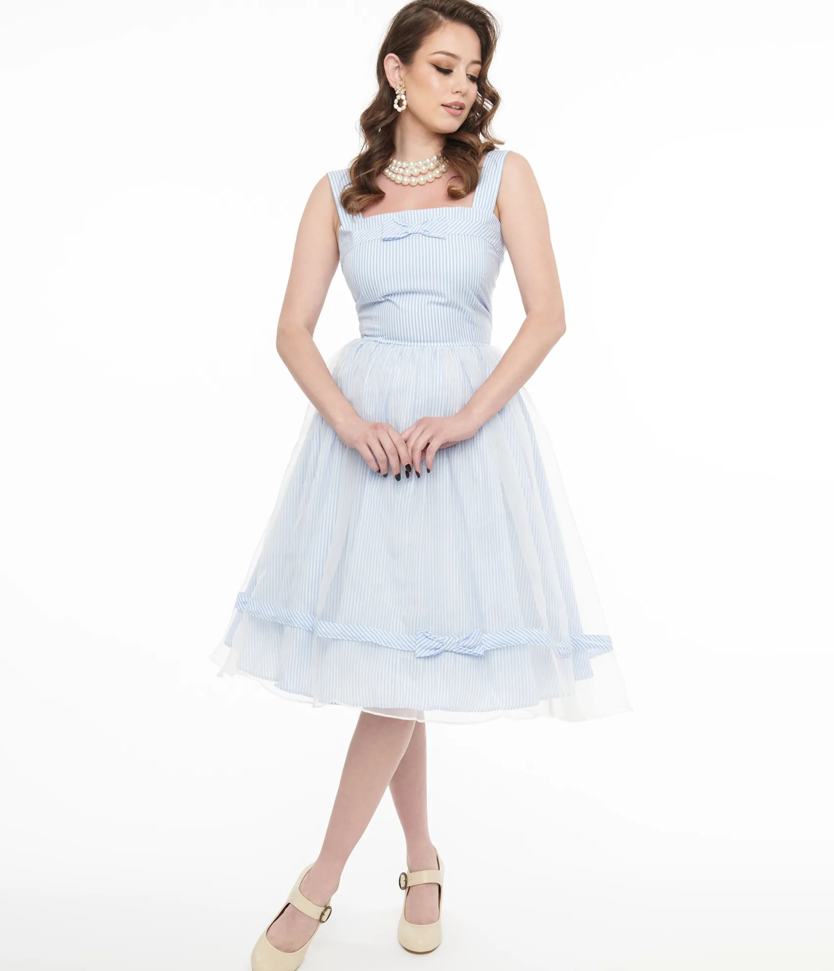 Unique Vintage Barbie x 1960s Blue & White Stripe Movie Date Swing Dress Clearance