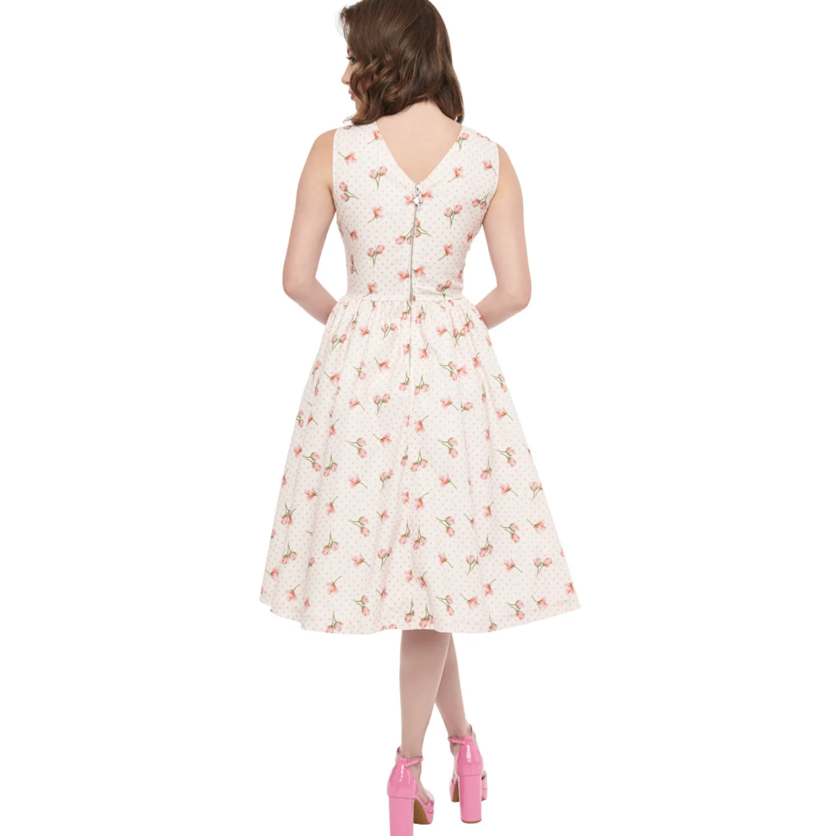 Unique Vintage Barbie x 1960s Pink Rosebud Garden Party Swing Dress Outlet