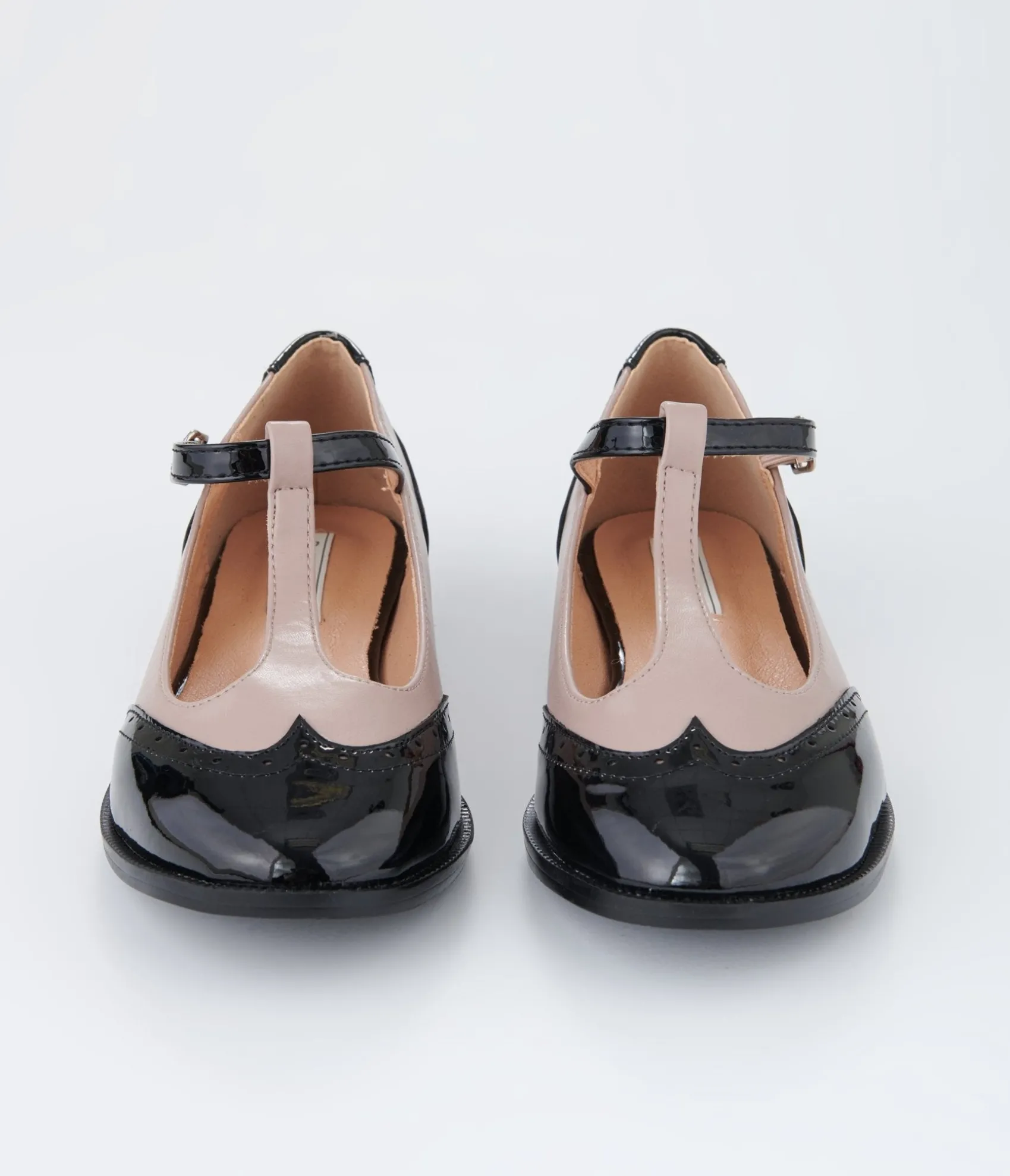 Unique Vintage Beige & Black Patent Leatherette Oxford T-Strap Flats Store