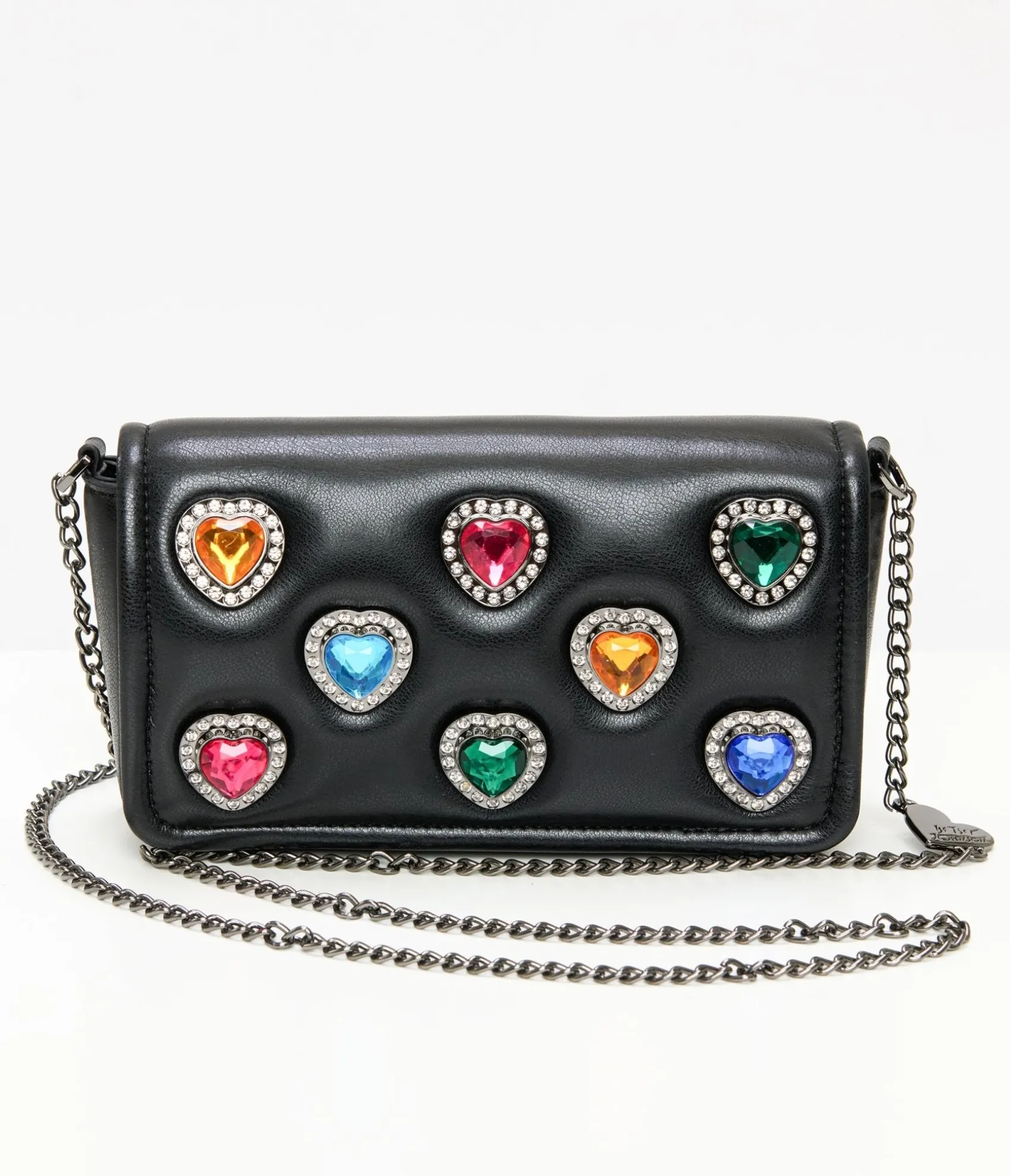 Unique Vintage Betsey Johnson Black Leatherette Bejeweled Hearts Crossbody Bag Cheap