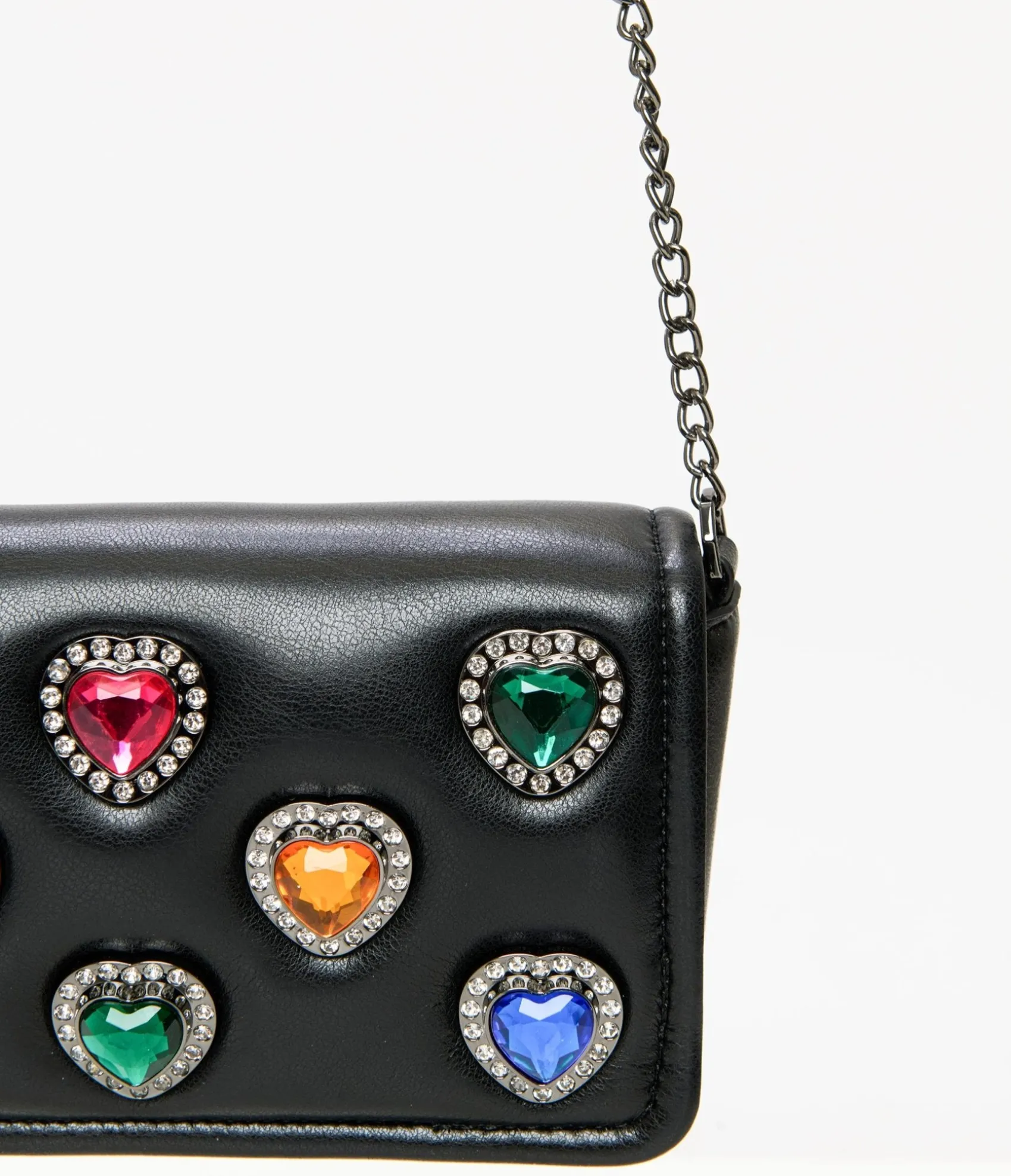 Unique Vintage Betsey Johnson Black Leatherette Bejeweled Hearts Crossbody Bag Cheap