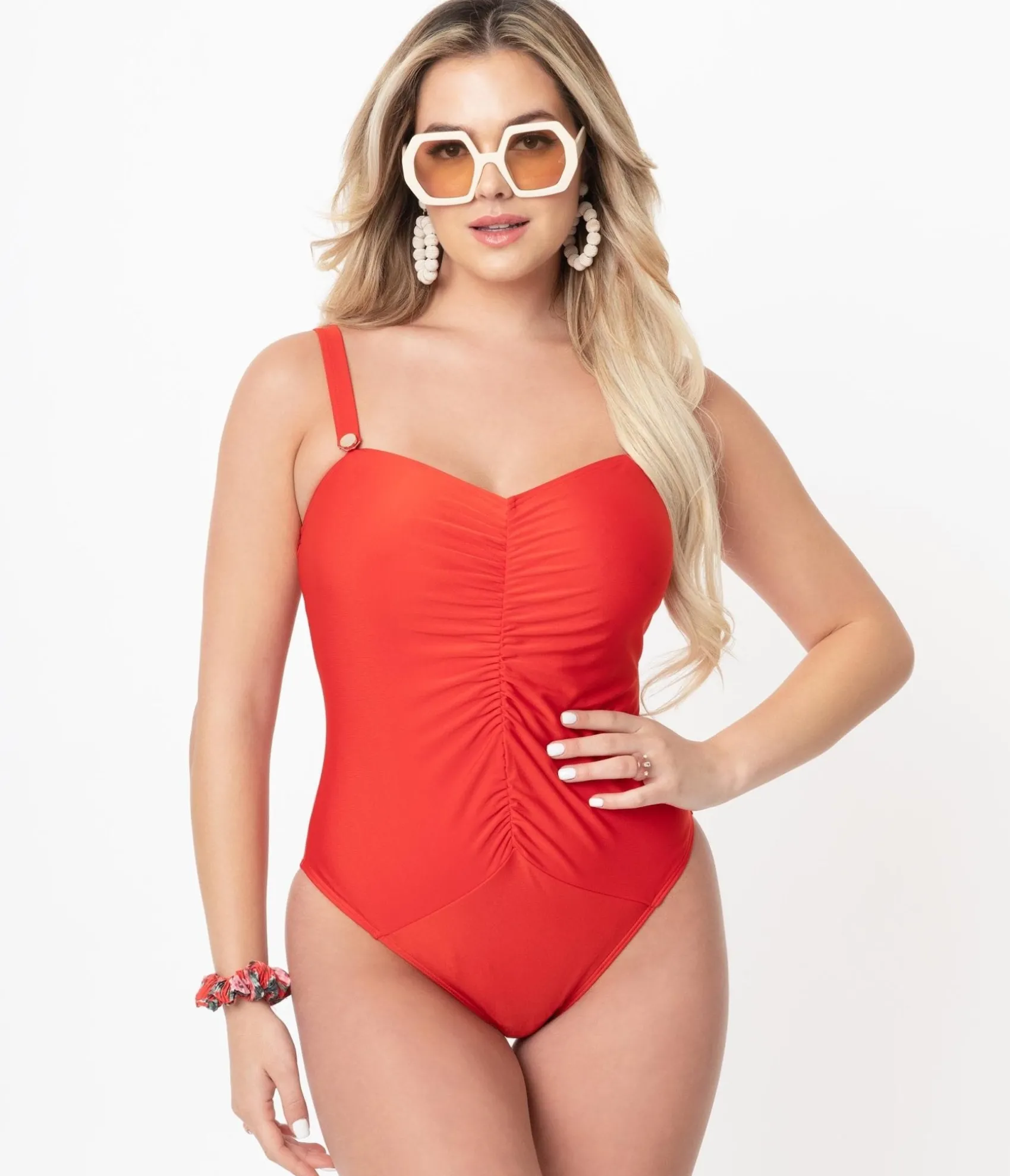 Unique Vintage Bettie Page x Playful Promises Honey Red One Piece Swimsuit Shop