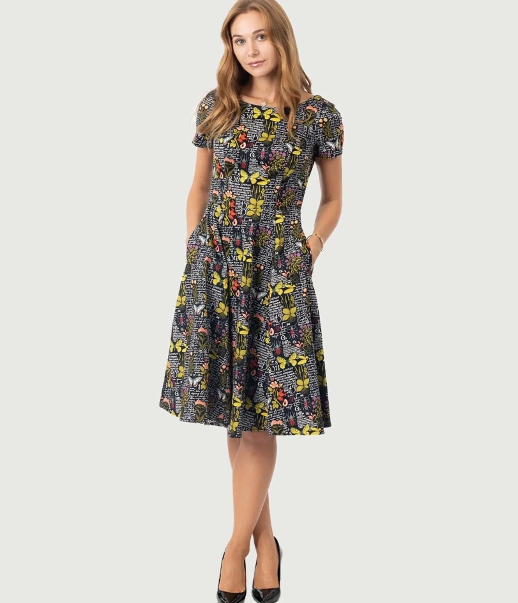 Unique Vintage Black & Botanical Butterfly Print Swing Dress Hot