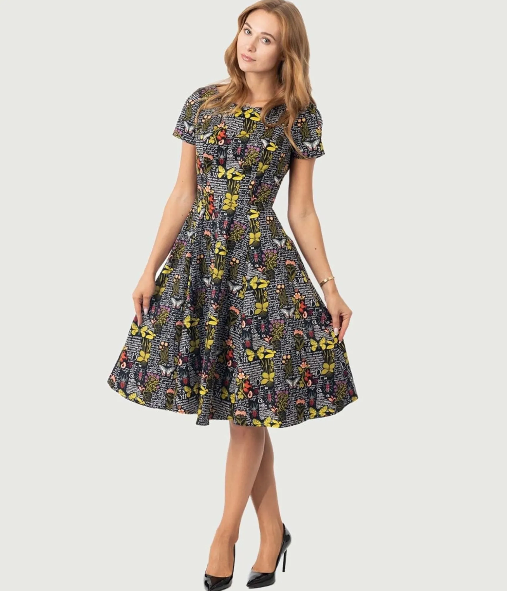 Unique Vintage Black & Botanical Butterfly Print Swing Dress Hot