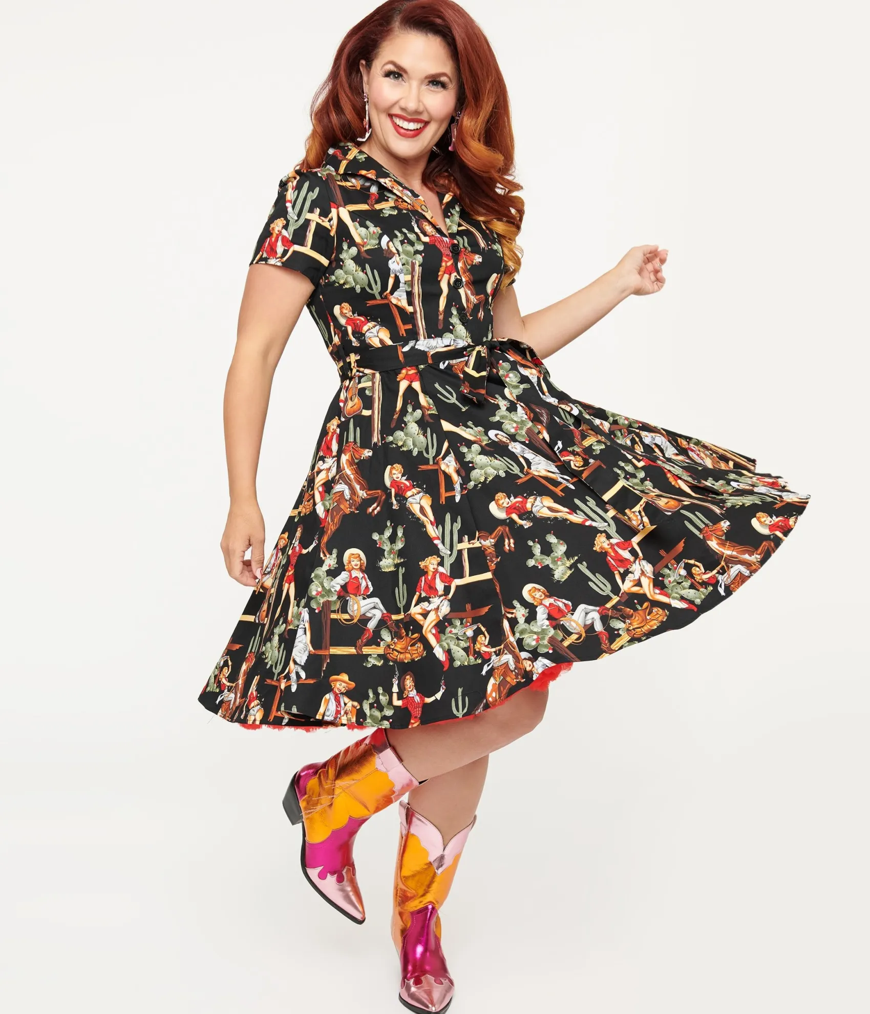 Unique Vintage Black & Cowgirl Print Swing Shirt Dress New