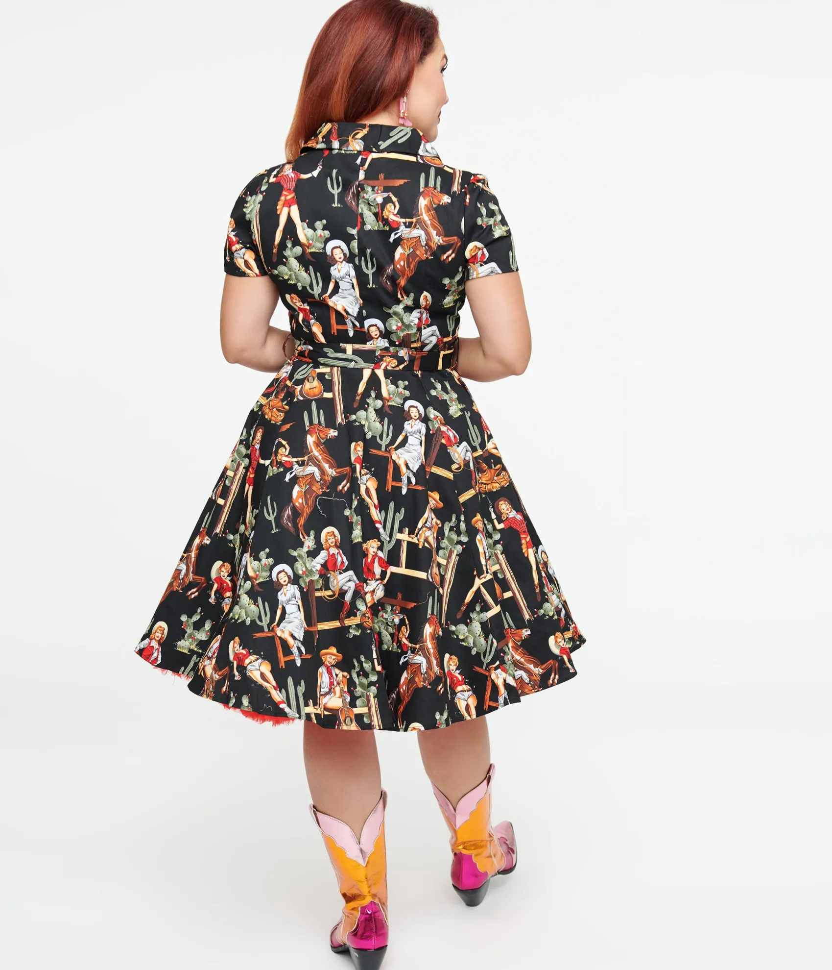 Unique Vintage Black & Cowgirl Print Swing Shirt Dress New