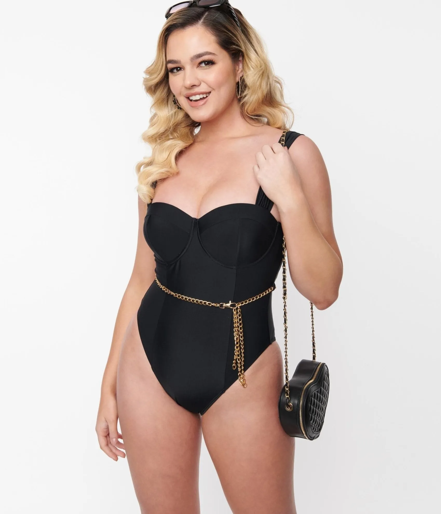Unique Vintage Black & Gold Chain Resort One Piece Swimsuit Flash Sale