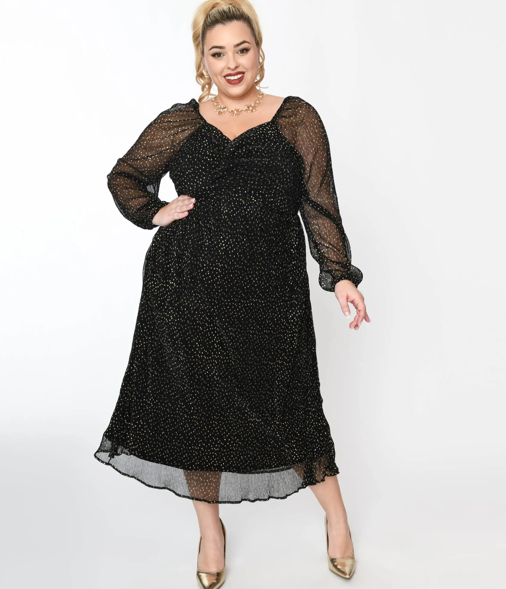 Unique Vintage Black & Gold Foil Pin Dot Pleated Midi Dress Best
