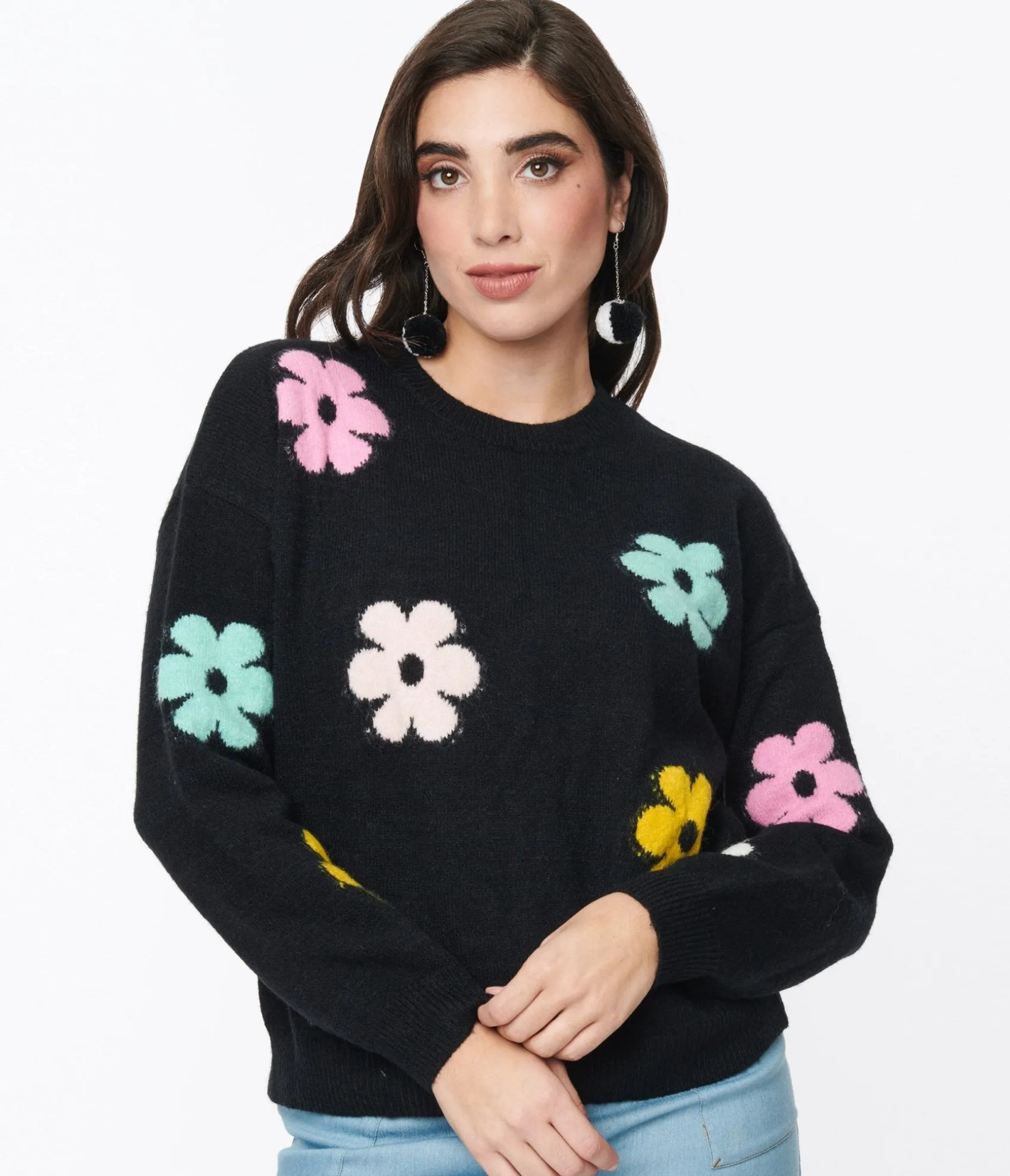 Unique Vintage Black & Multicolor Floral Knit Sweater Discount
