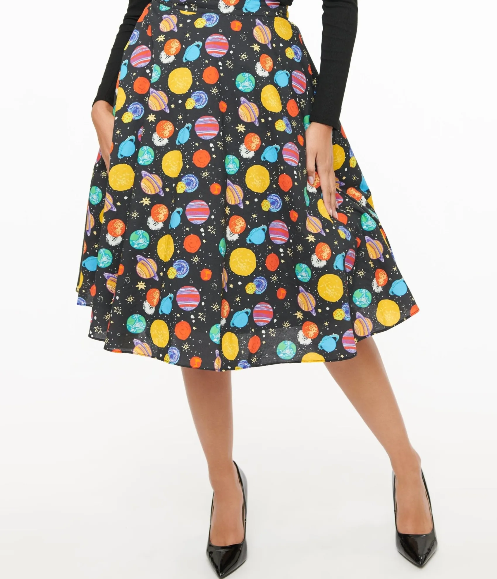 Unique Vintage Black & Multicolor Planets Cotton Skirt New