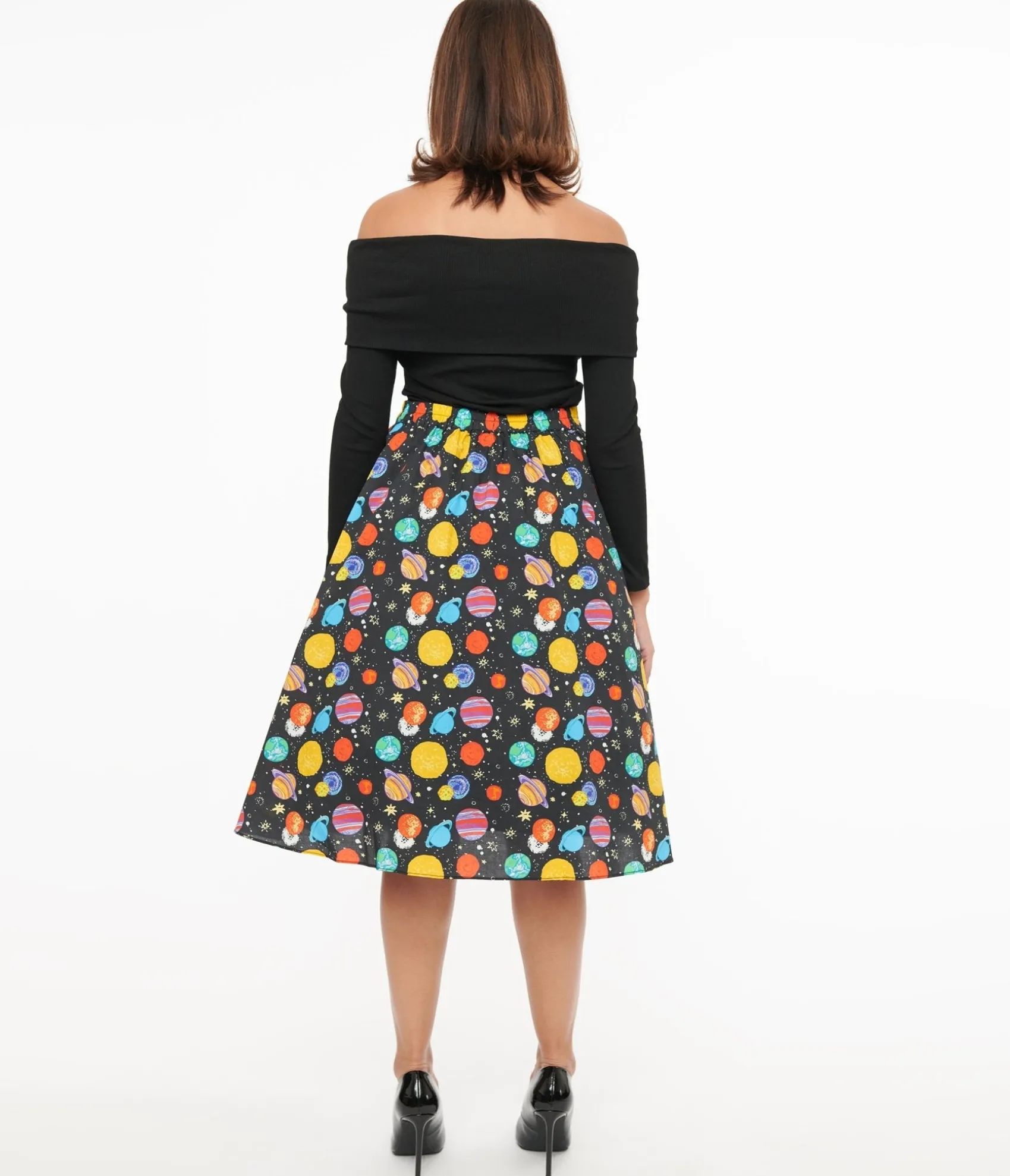 Unique Vintage Black & Multicolor Planets Cotton Skirt New