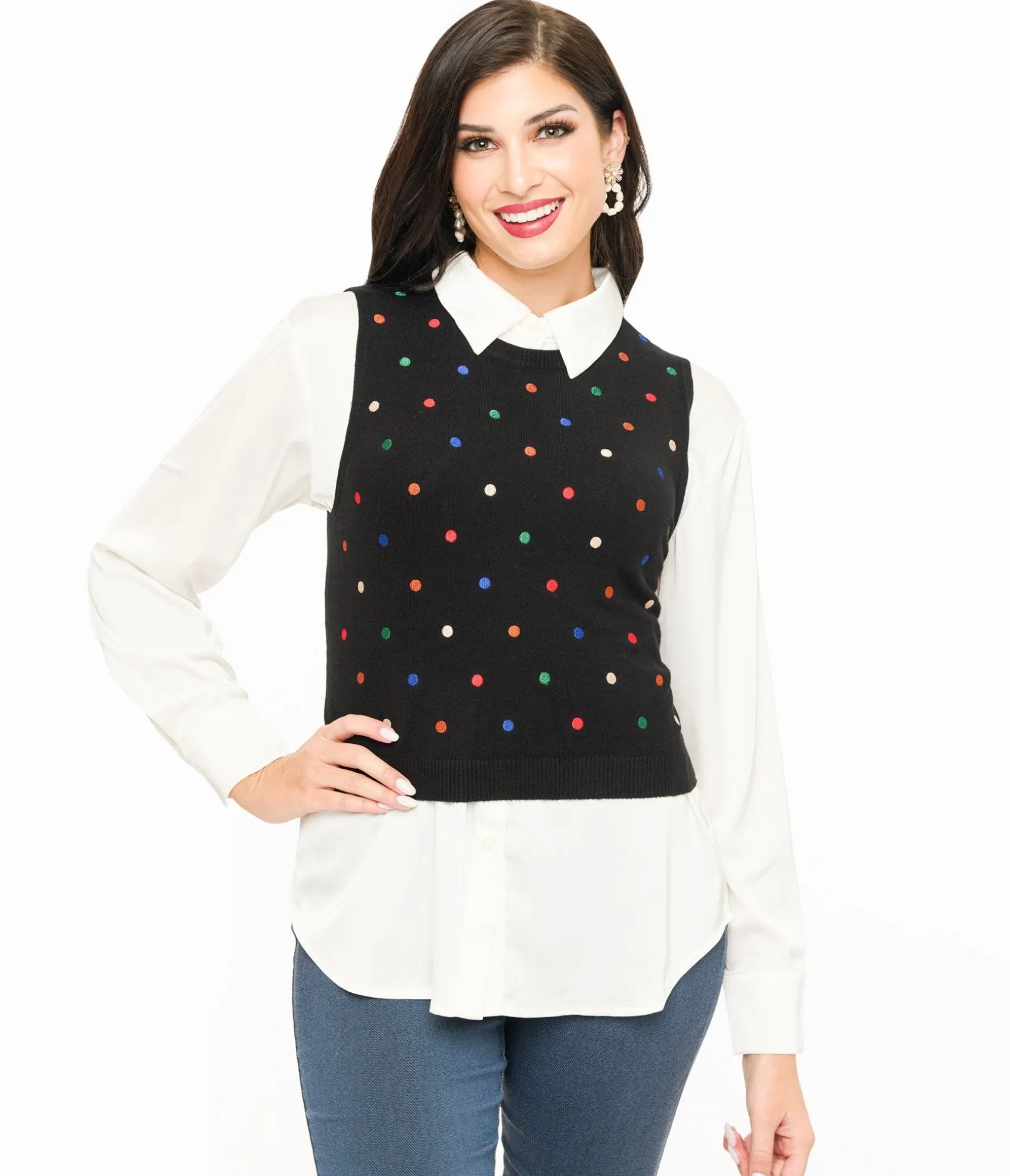 Unique Vintage Black & Multicolor Polka Dot Sweater Vest Outlet