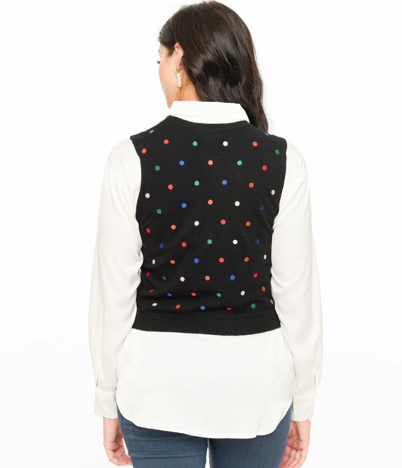 Unique Vintage Black & Multicolor Polka Dot Sweater Vest Outlet