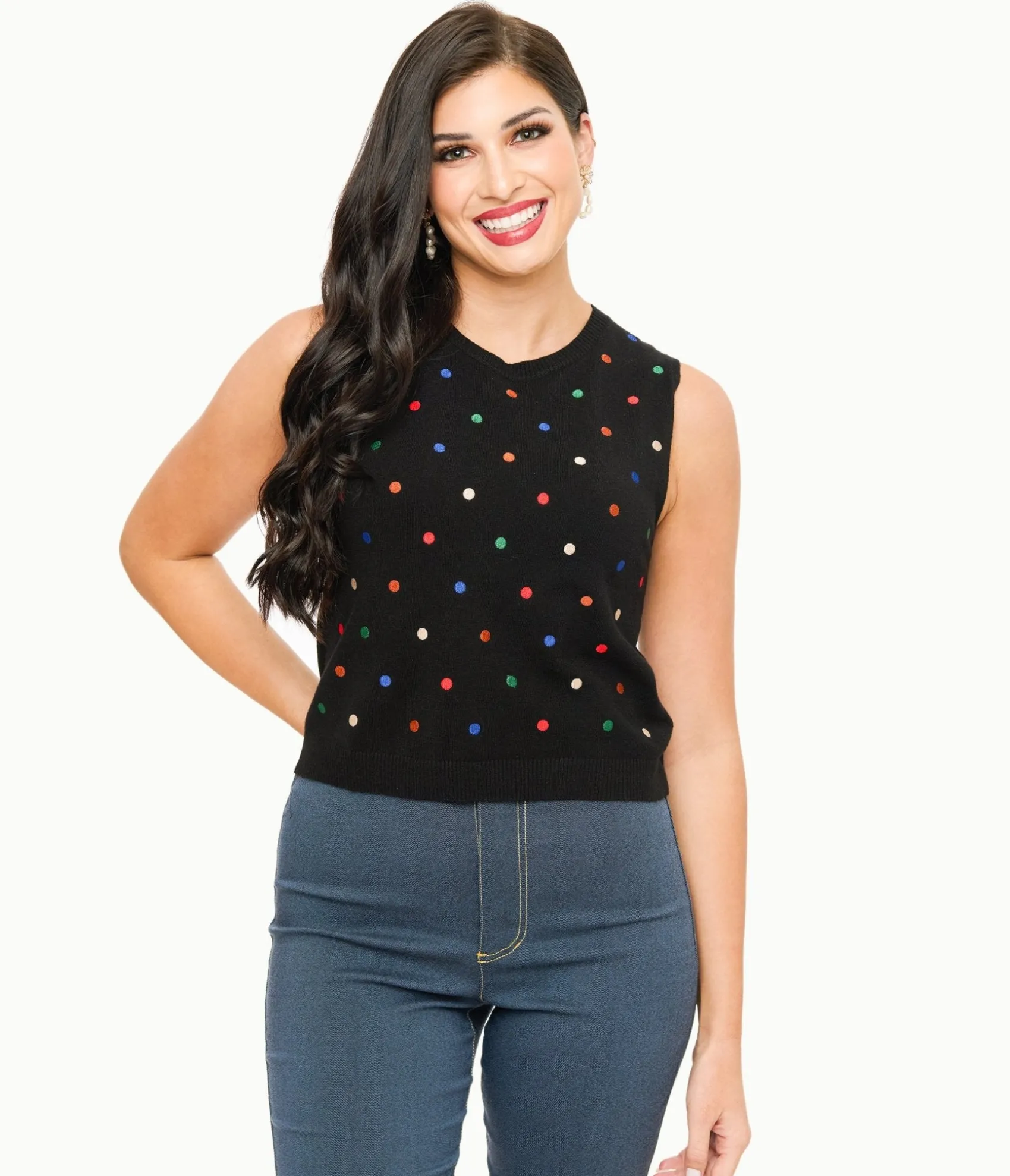 Unique Vintage Black & Multicolor Polka Dot Sweater Vest Outlet