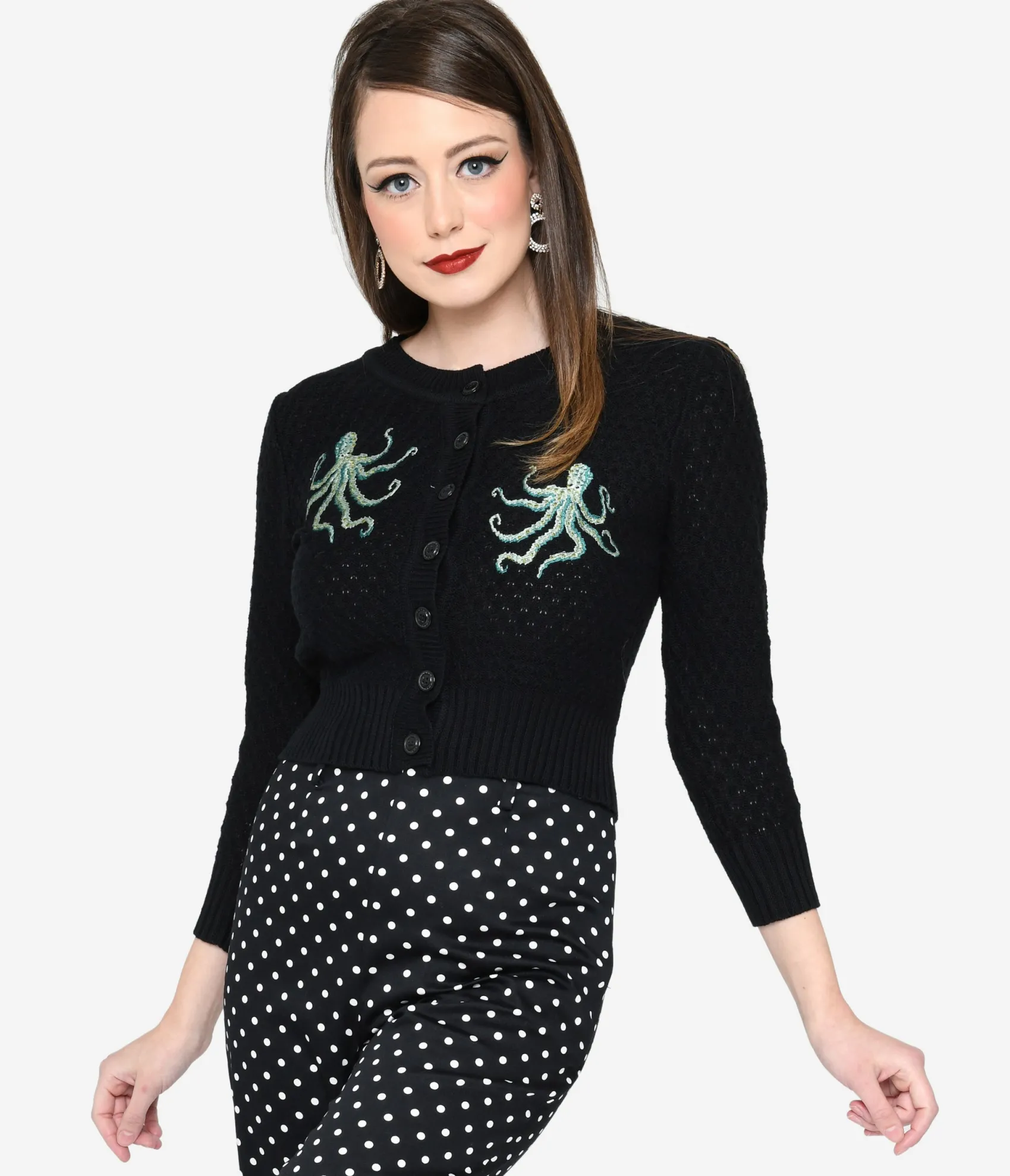 Unique Vintage Black & Octopus Cropped Cardigan New