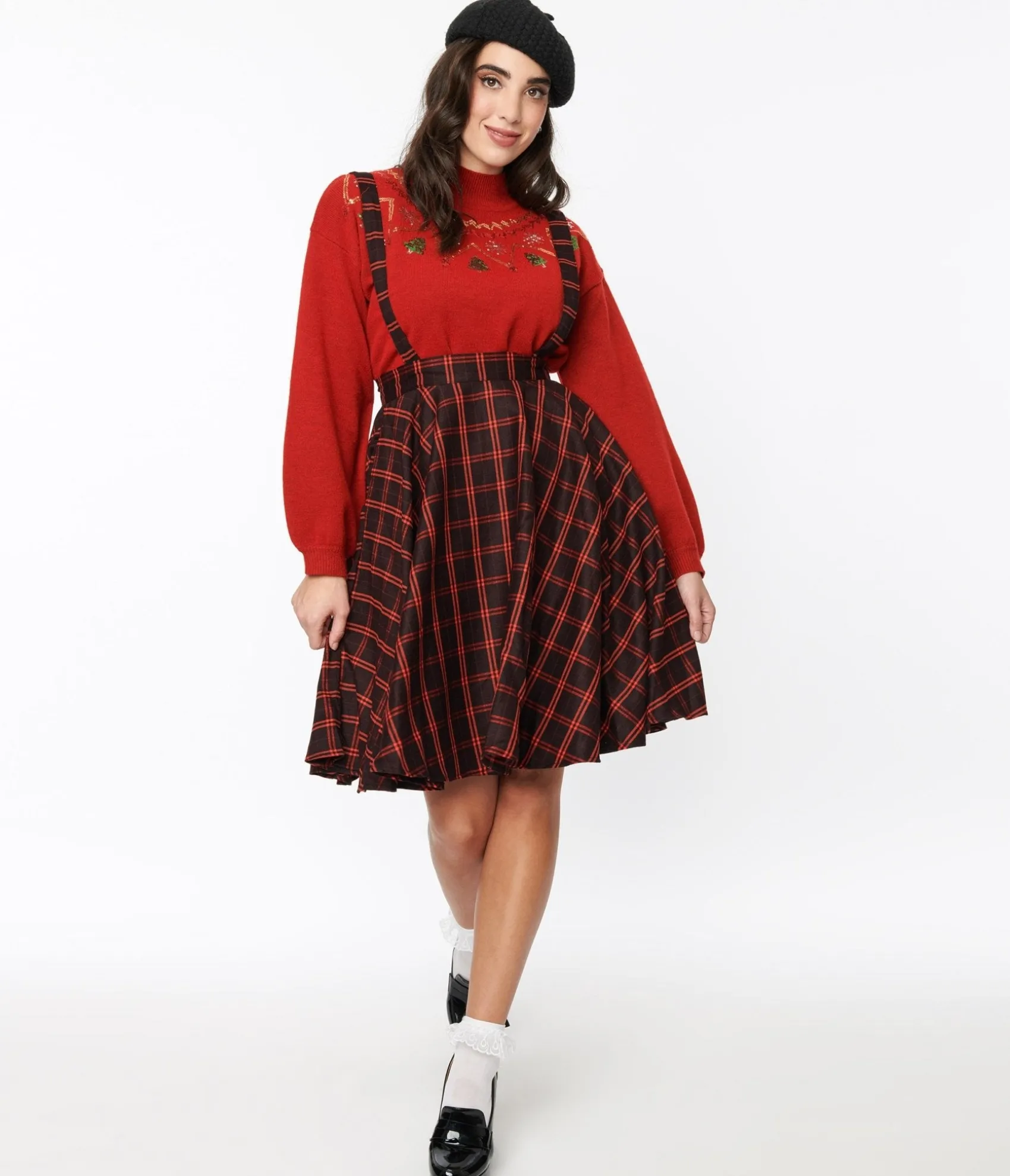 Unique Vintage Black & Orange Windowpane Suspender Swing Skirt Flash Sale