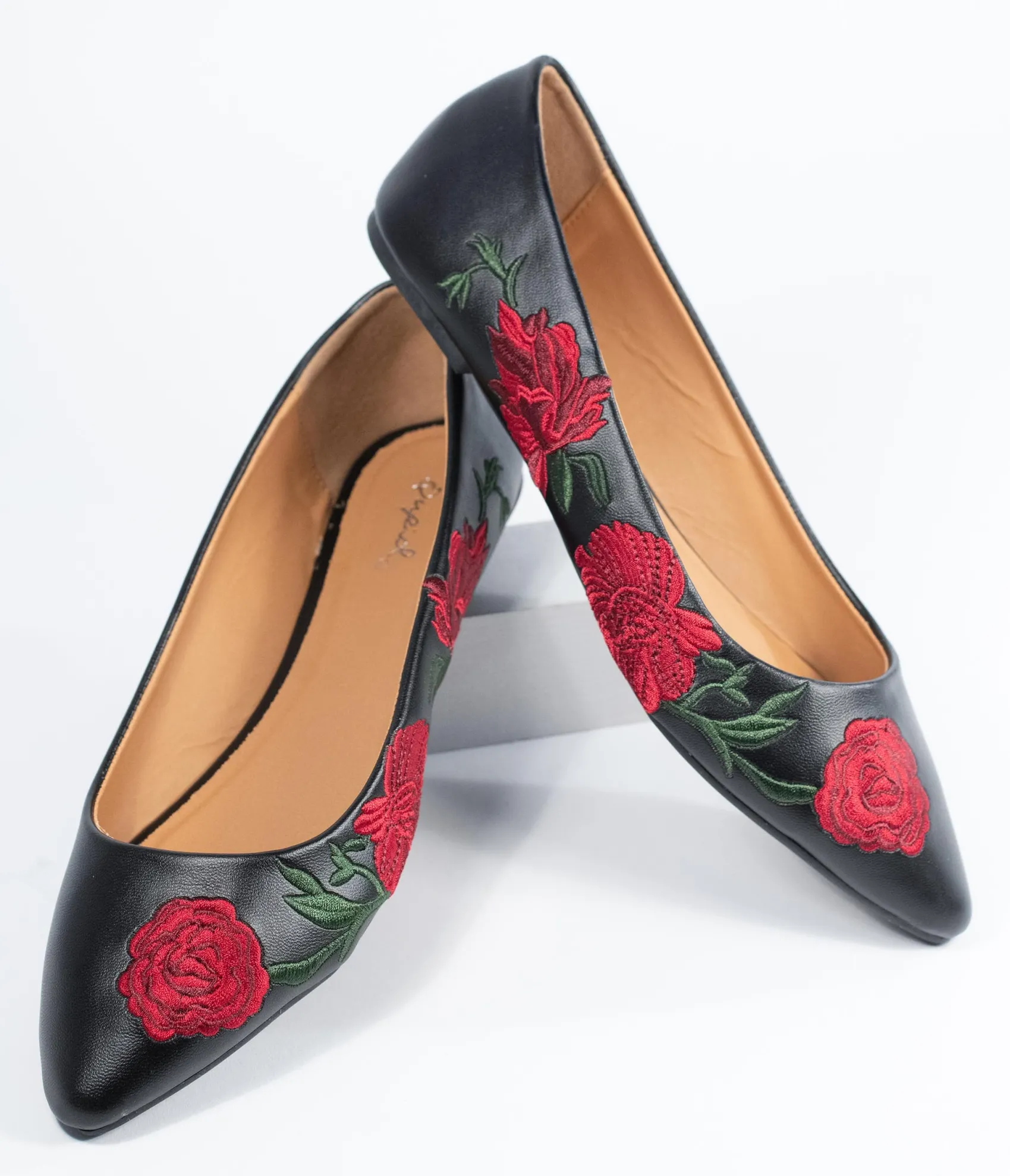 Unique Vintage Black & Red Embroidered Florals Leatherette Flats Store
