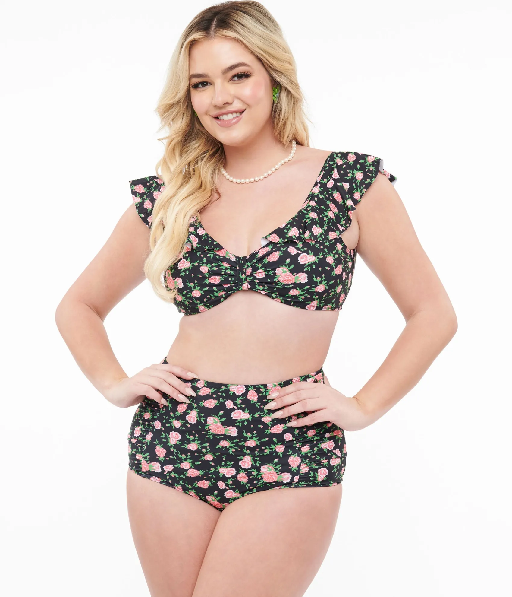 Unique Vintage Black & Rose Print Two Piece Swim Set Cheap