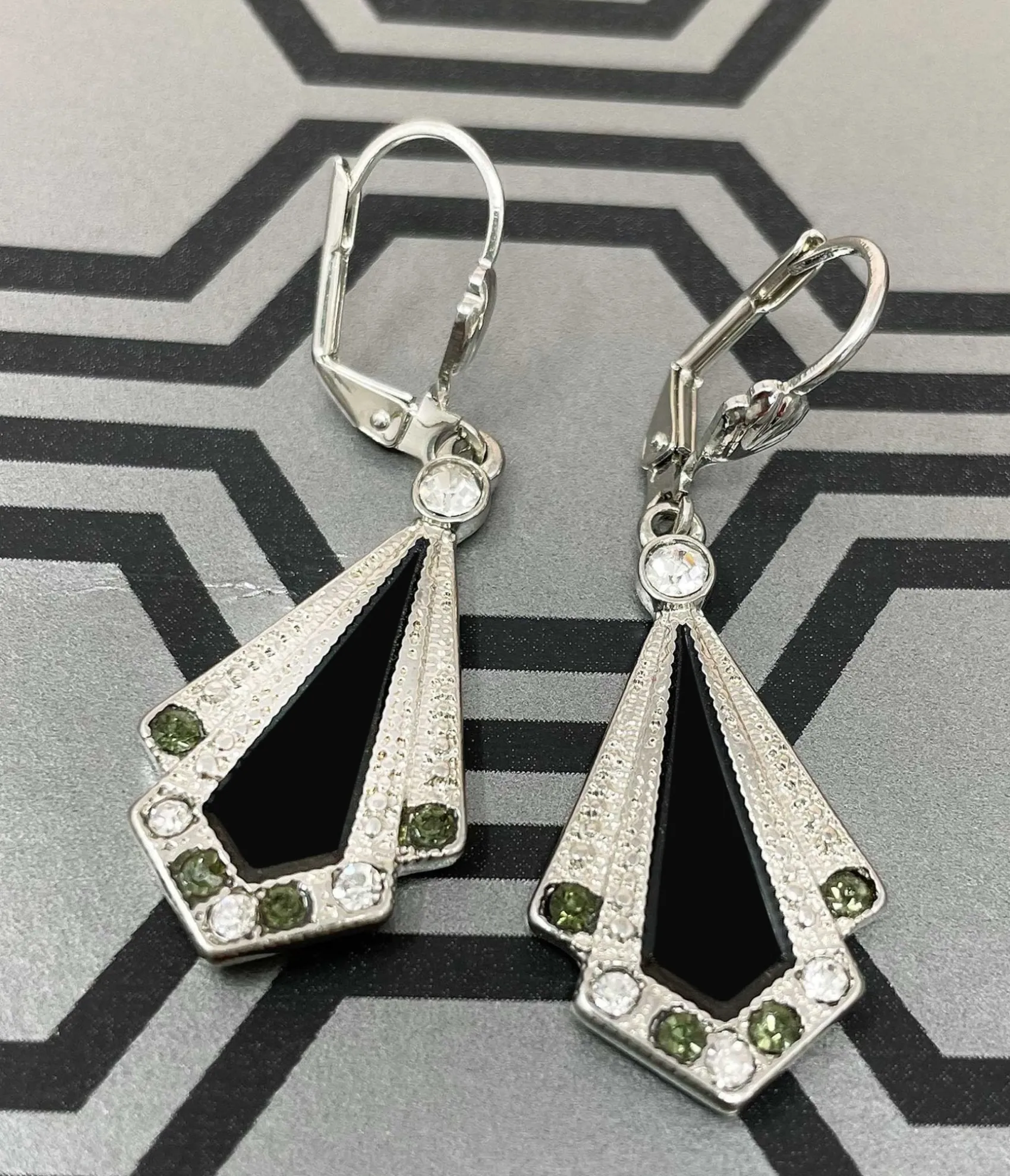 Unique Vintage Black & Silver Rhinestone Deco Earrings Sale