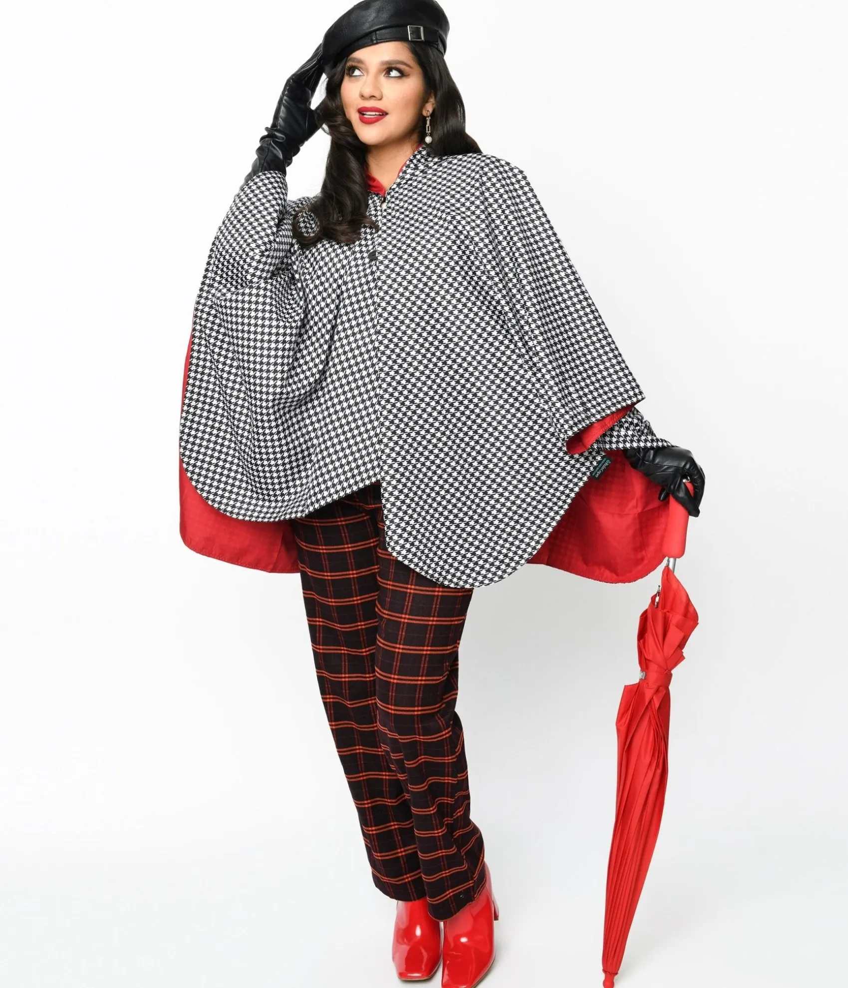 Unique Vintage Black & White Houndstooth Hooded Cape Coat Best Sale