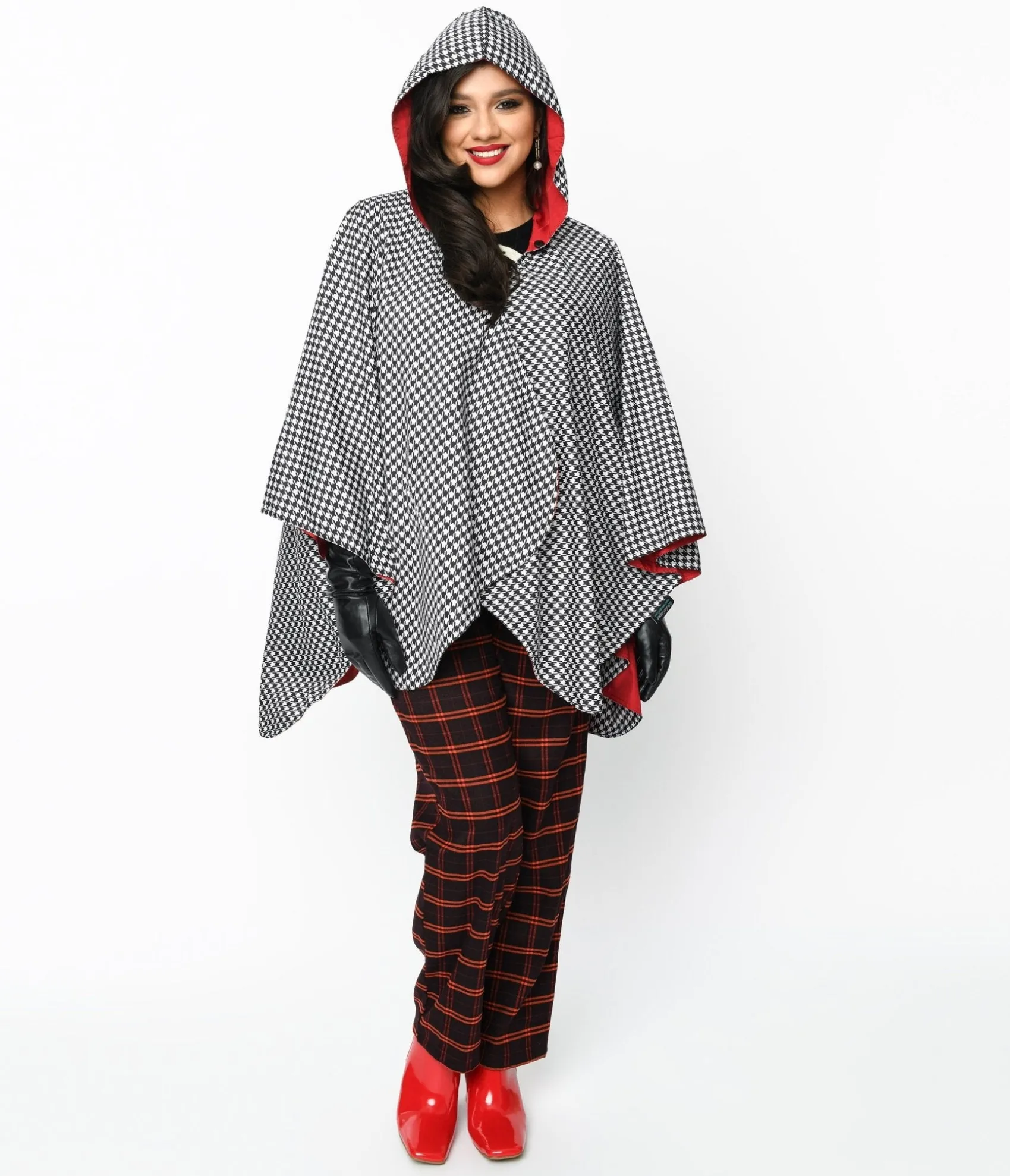Unique Vintage Black & White Houndstooth Hooded Cape Coat Best Sale