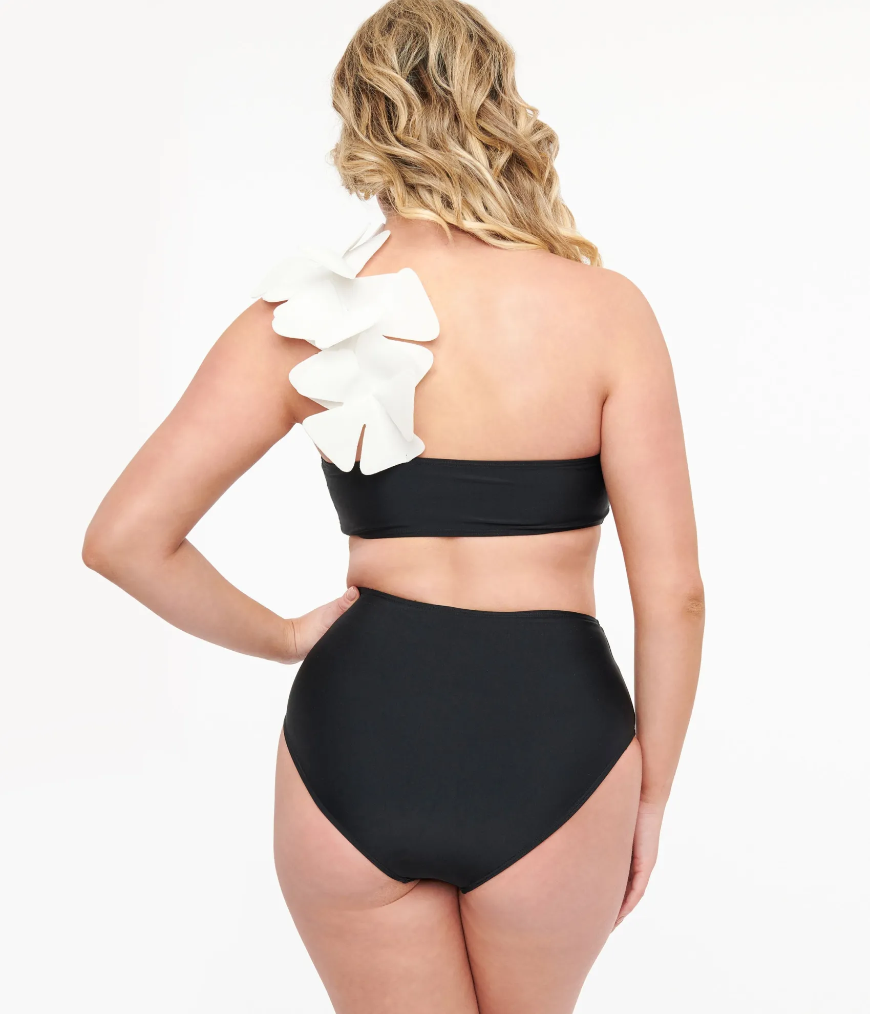 Unique Vintage Black & White One Shoulder Flower Two Piece Swim Set Online