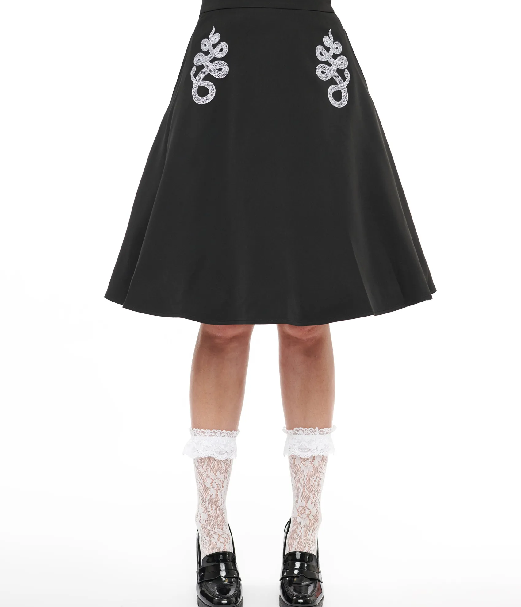 Unique Vintage Black & White Snake Embroidered Swing Skirt Best Sale