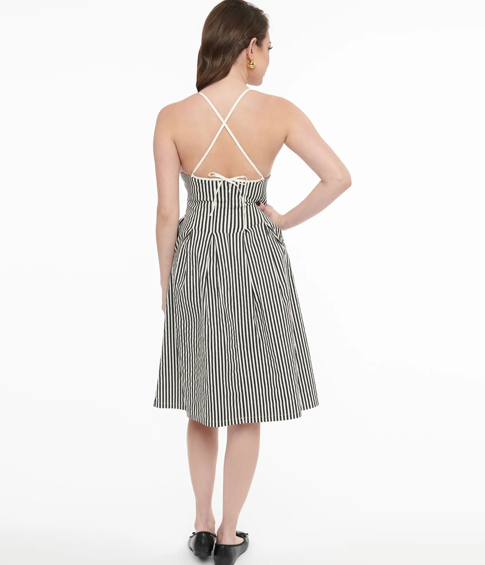 Unique Vintage Black & White Striped Adeline Cotton Midi Dress Hot