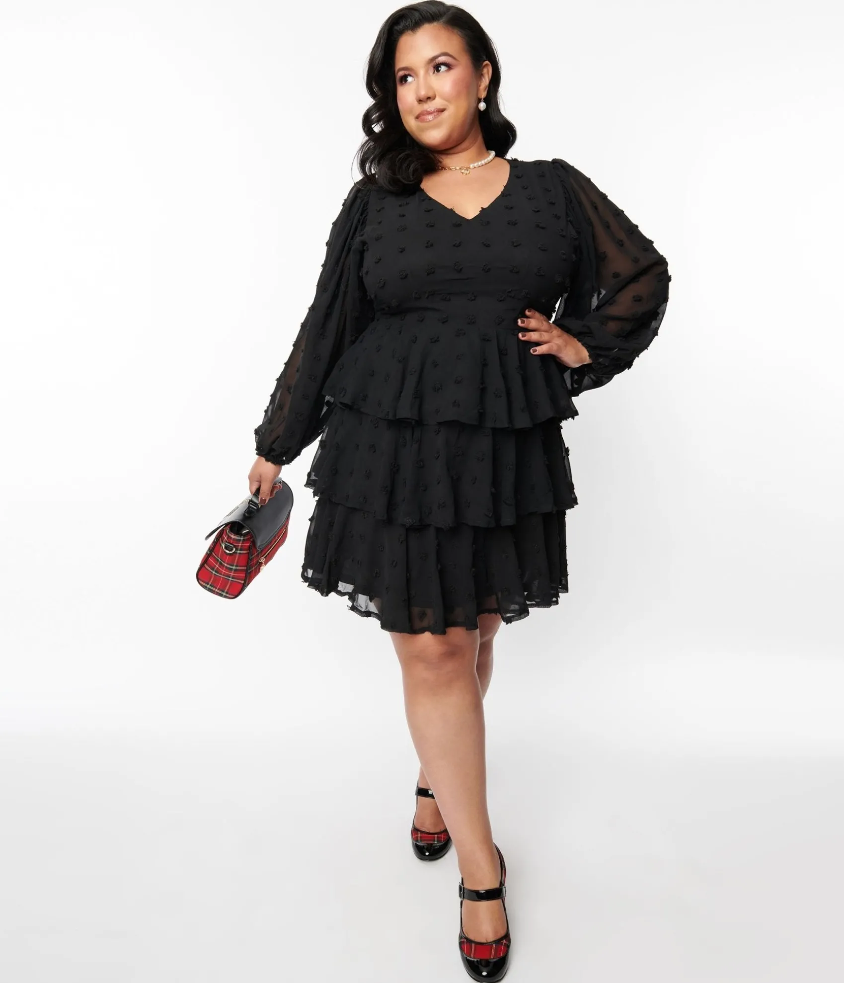 Unique Vintage Black Clip Dot Ruffle Tiered Fit & Flare Dress Cheap